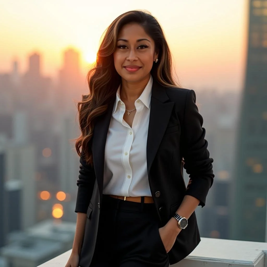 A professional woman with long wavy hair wearing a black blazer, white shirt, and watch, standing on a balcony in a city at sunset.