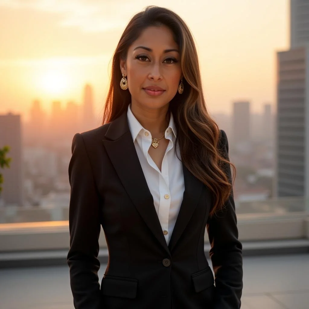 Professional woman wearing a black blazer and white shirt, standing outdoors at sunset with city buildings in the background.