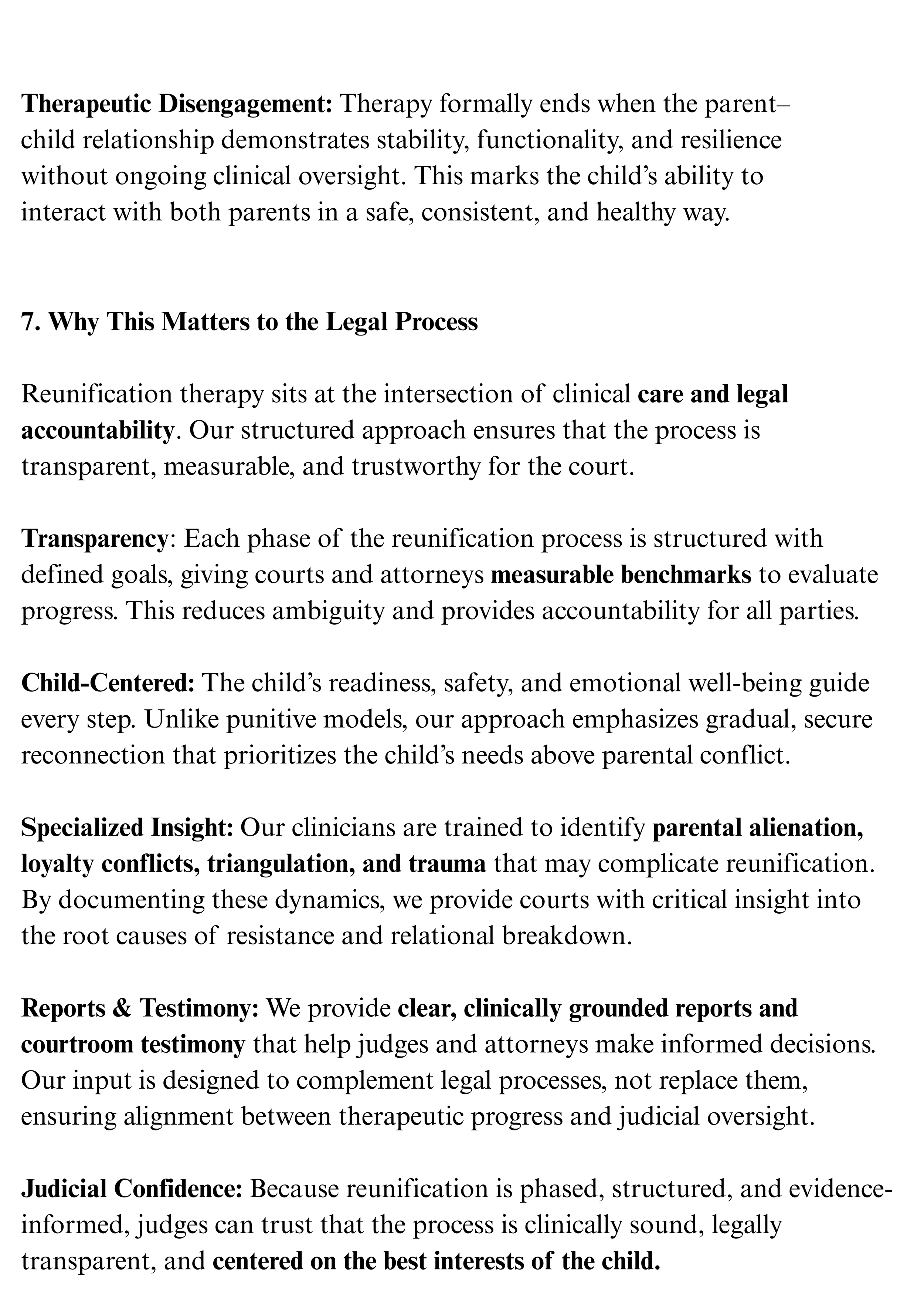 Text discussing therapeutic disengagement, legal considerations, transparency, child-centered approach, specialized insight, reports and testimony, and judicial confidence in reunification therapy.