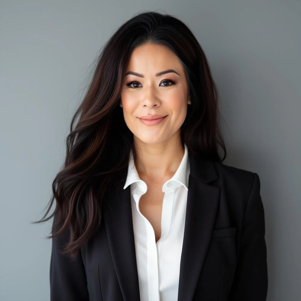 A woman with long dark hair wearing a black blazer and white blouse, smiling softly against a gray background.
