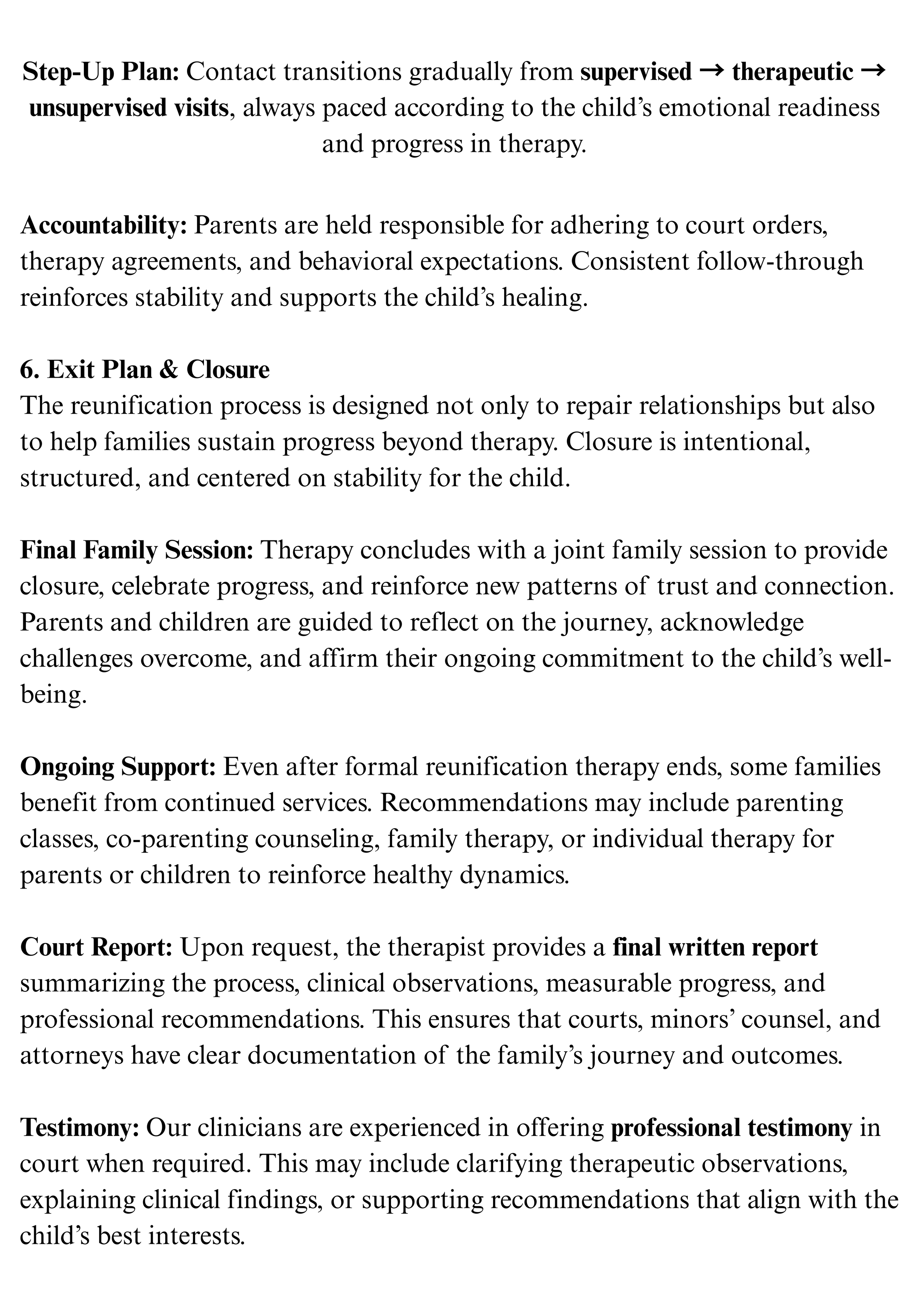 Close-up view of a document page containing text about therapy procedures and guidelines, including sections on step-up plan, accountability, exit plan, closure, family sessions, support, court reports, and testimony.