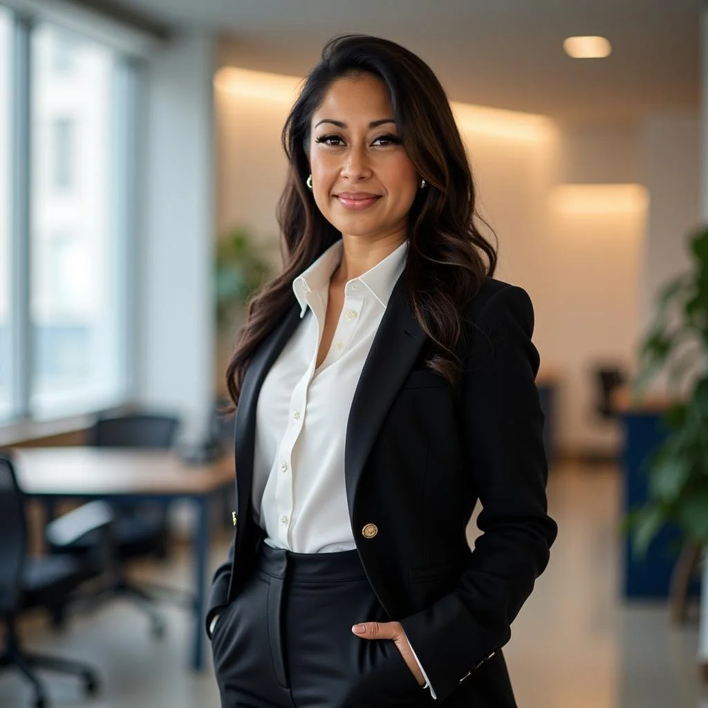 A professional woman with dark hair in a business suit standing in an office environment with large windows, sitting on a chair, smiling confidently.