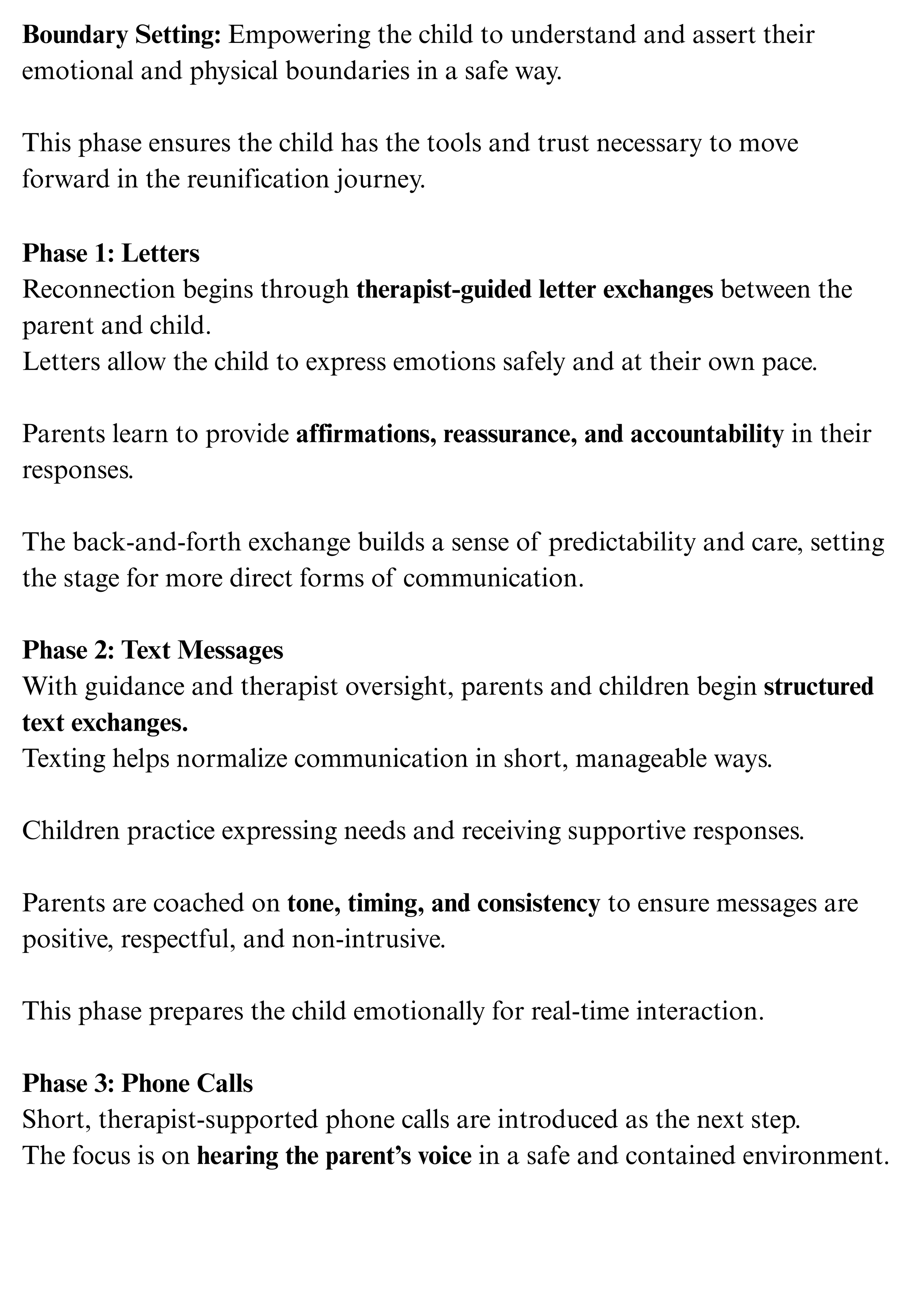 Page of text discussing stages of emotional and physical boundaries, letter exchanges, structured text messaging, and therapy calls related to child-rearing and communication.
