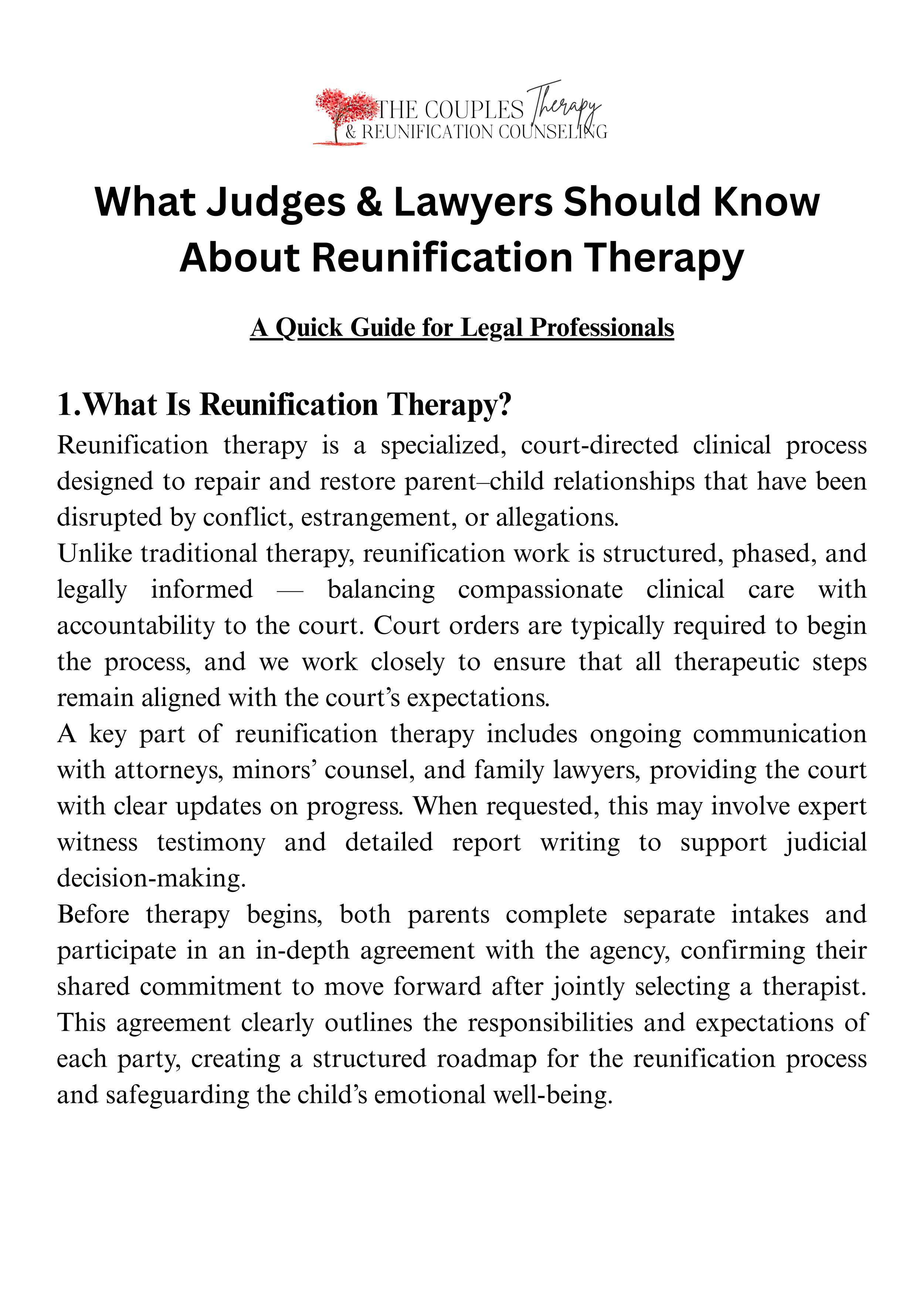 A document titled 'What Judges & Lawyers Should Know About Reunification Therapy' from 'The Couples Therapy & Reunification Counseling' with an introductory paragraph explaining reunification therapy.