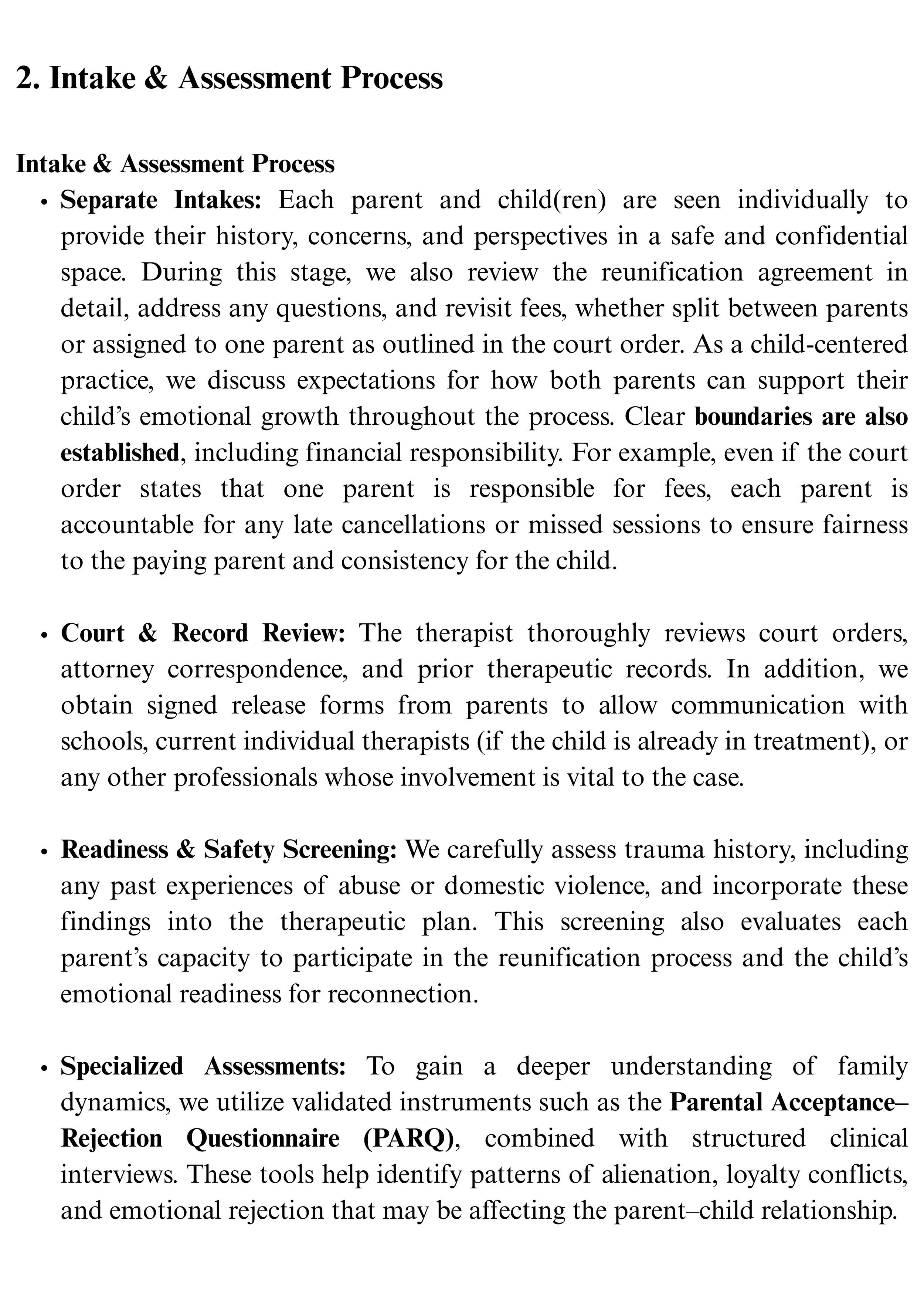 Page from a document titled 'Intake & Assessment Process' with sections on separate intakes, court & record review, readiness & safety screening, and specialized assessments.