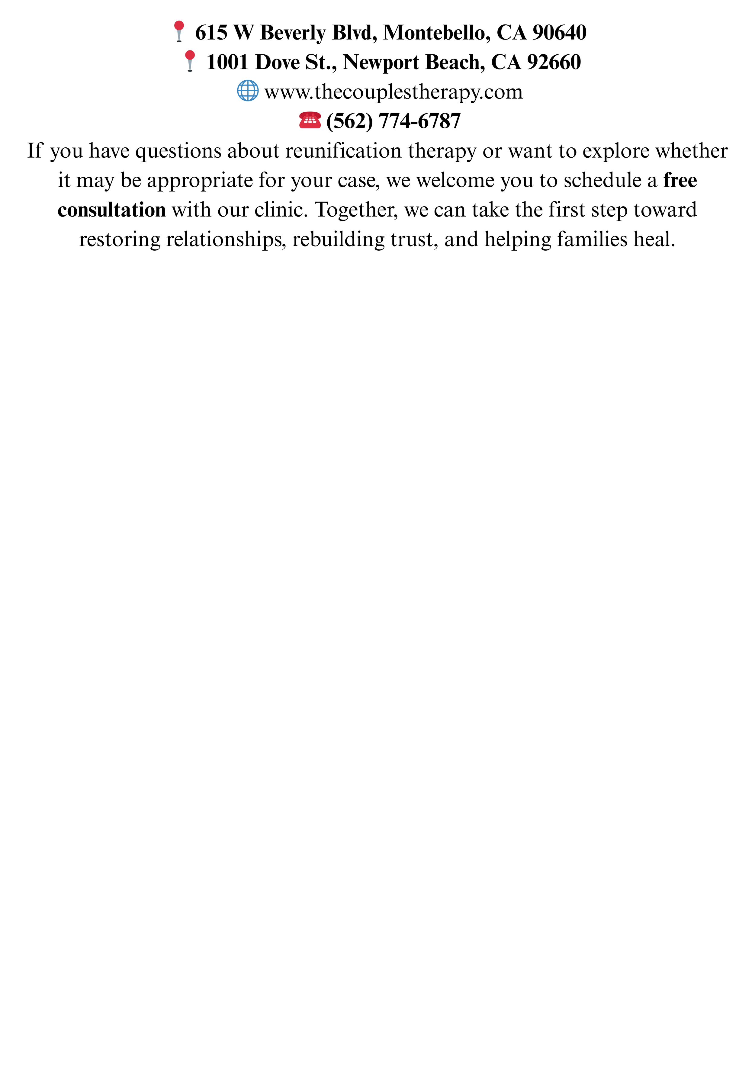 Contact information and a brief description for a therapy clinic, including addresses, website, phone number, and a note about free consultations for relationship reconciliation therapy.