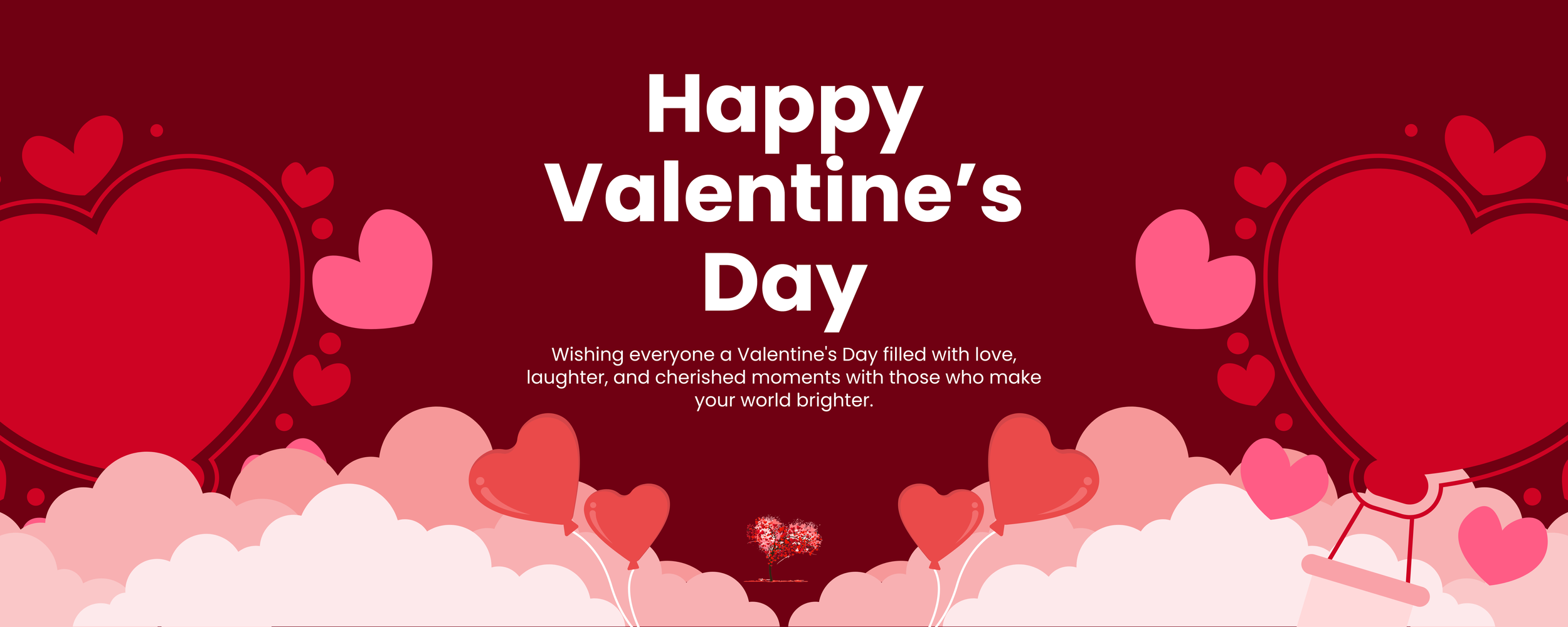 Valentine's Day greeting with big red and pink hearts, balloons, and a message wishing love, laughter, and cherished moments.