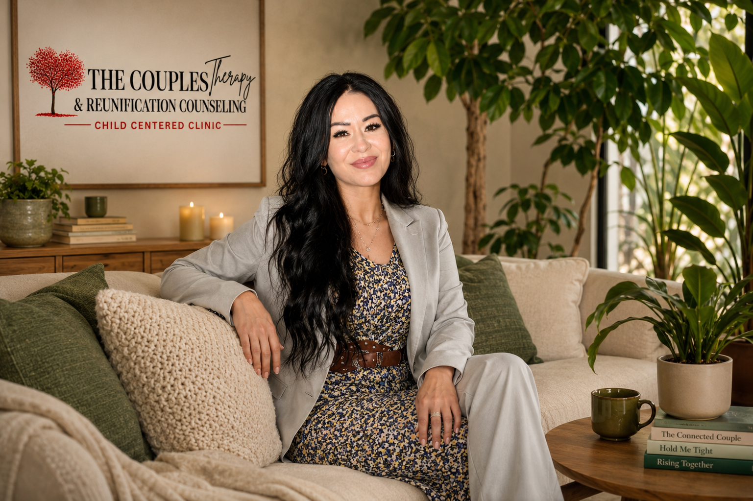 A woman with long black hair sitting on a beige sofa, smiling, in a cozy room with green plants, candles, and books, with a sign in the background reading 'The Couples Therapy & Reunification Counseling Child Centered Clinic.'