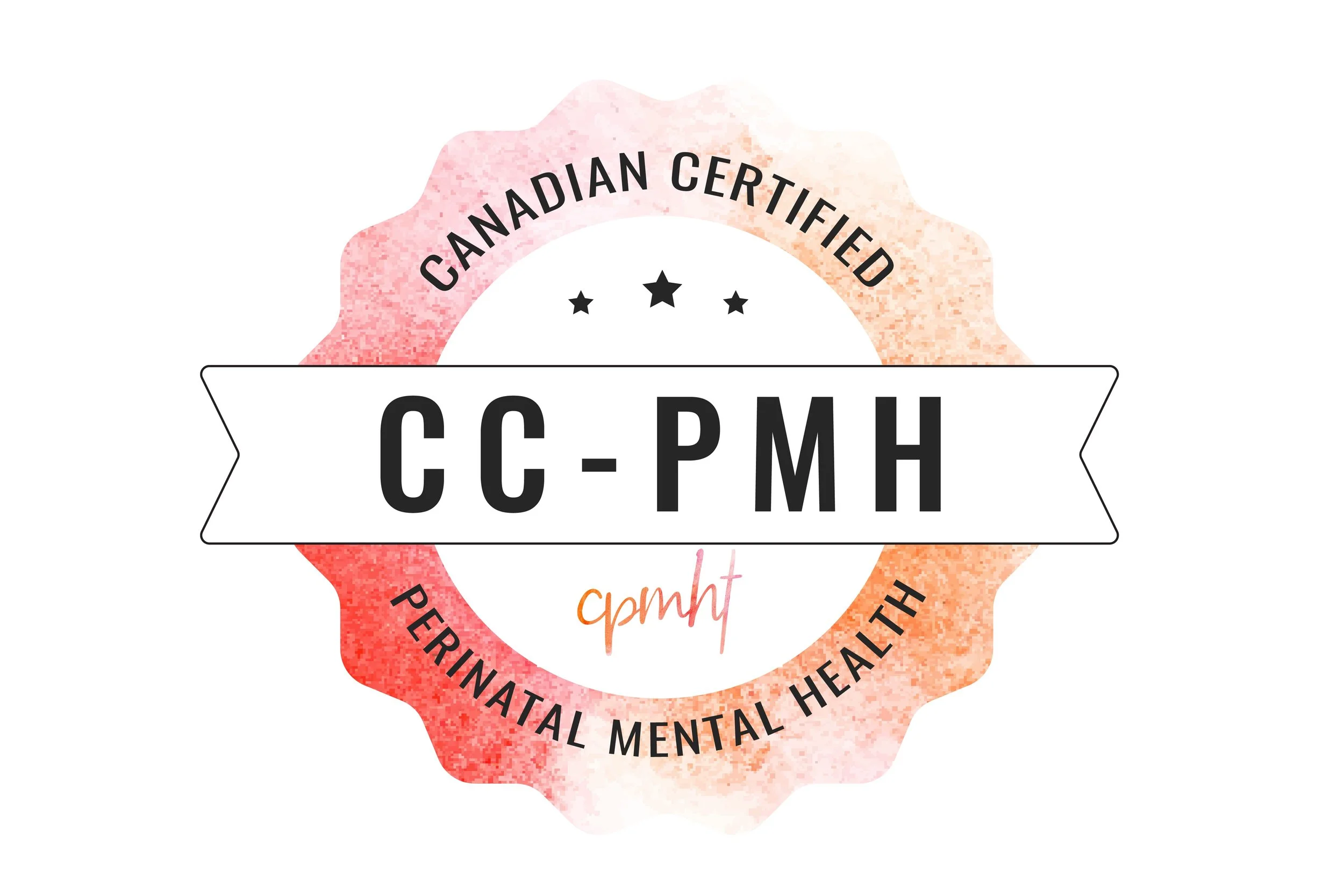 A certification badge with a pink and orange watercolor background, stating 'Canadian Certified' and 'Perinatal Mental Health' around the edge. The central text reads 'CC-PMH' with smaller 'cpmh' beneath.