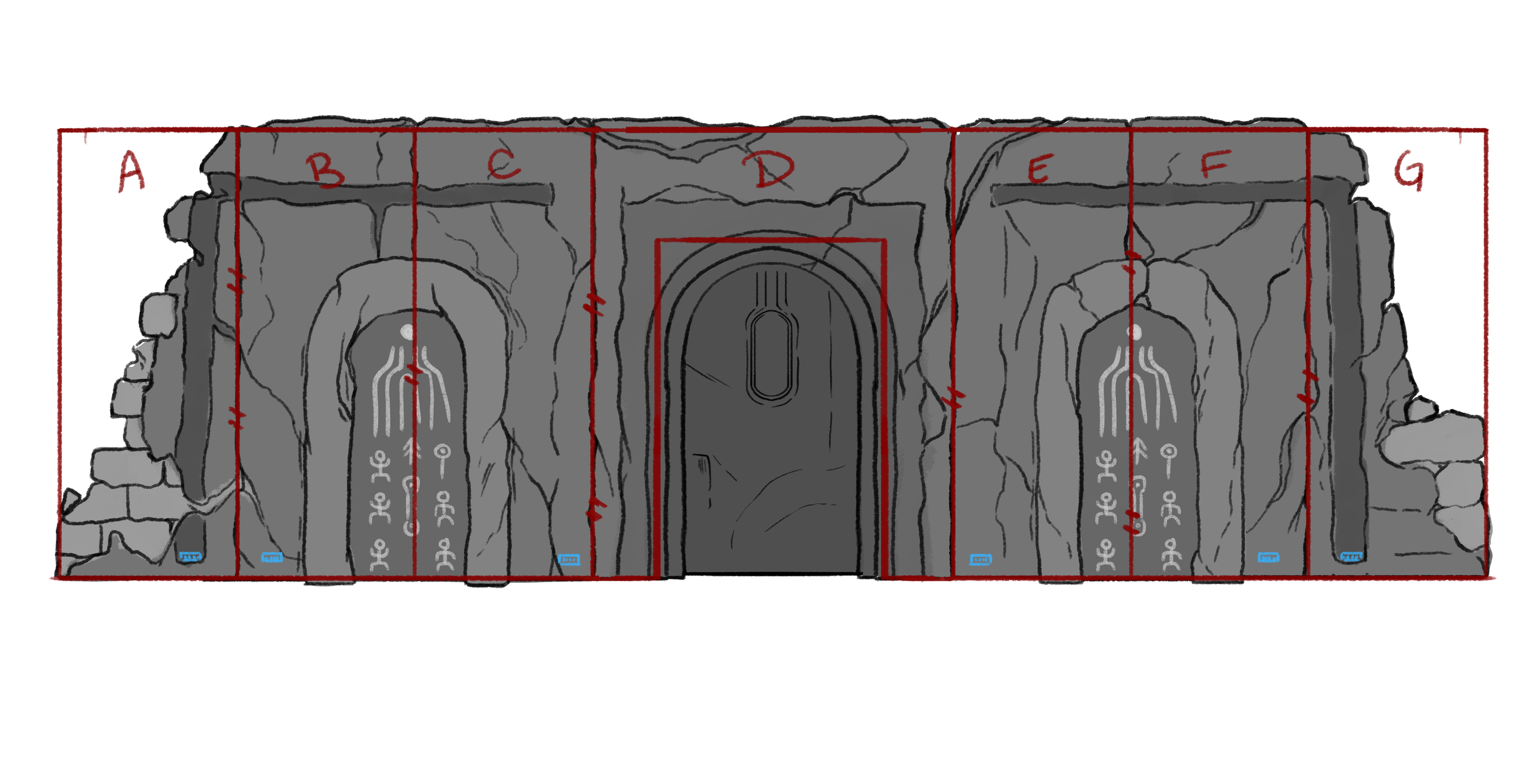 Planning Designs for the Saber Guild Mustafar Temple Set Wall (Segments Front), Photoshop, 2024-2025
