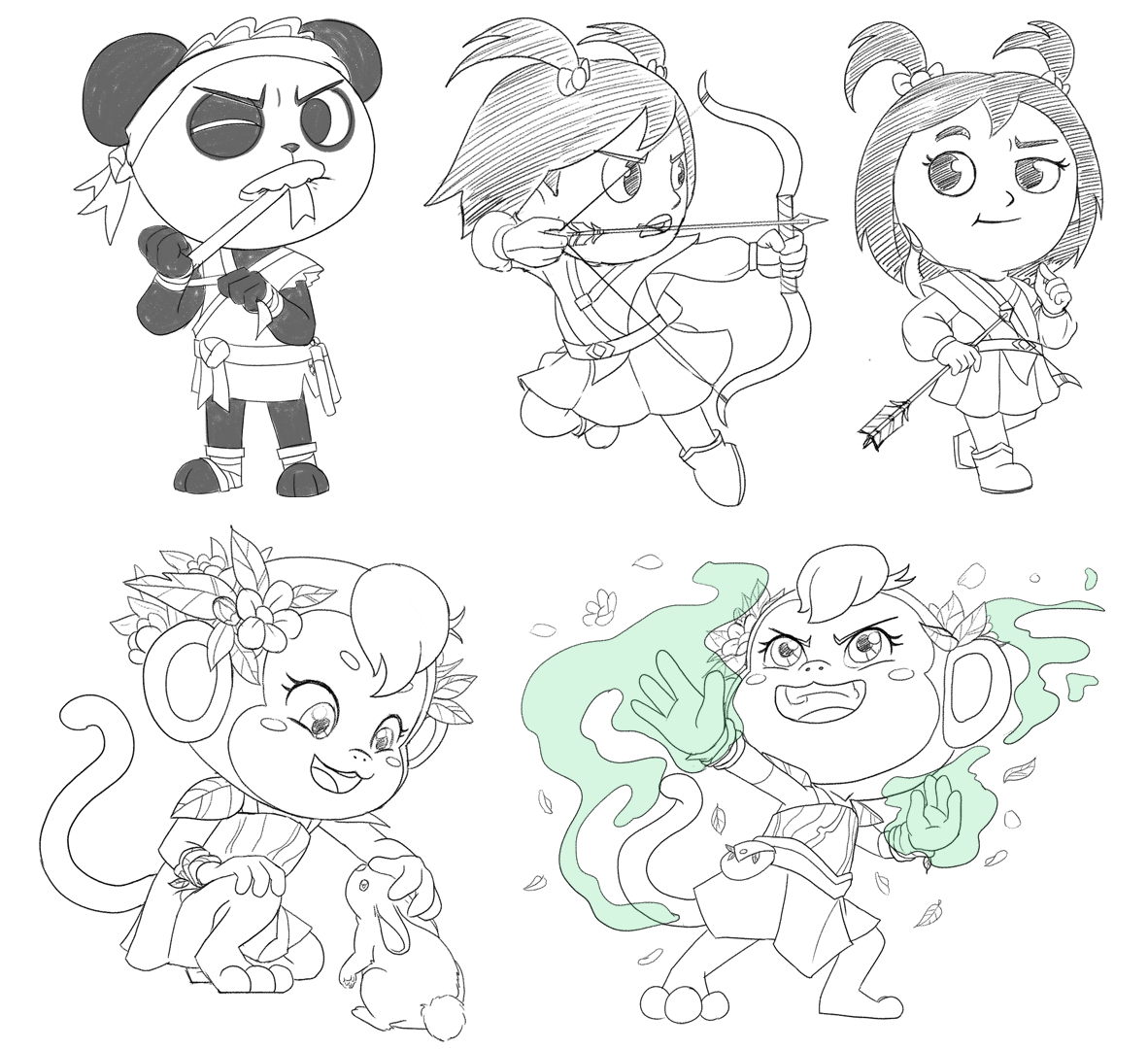 Scrapped Medieval/D&D Theme Character Sketches (Monk Combo, Ranger Emma, Druid pinky); Digital 2023