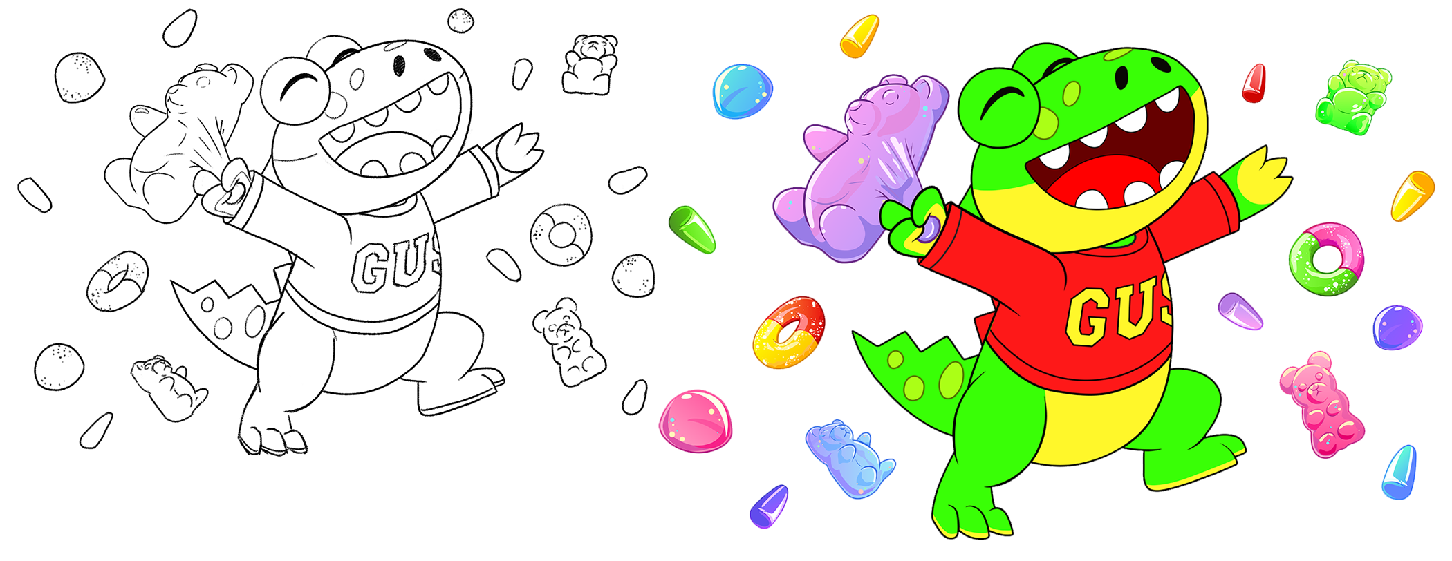 Scrapped Pet Theme Illustration, Gus with Gummy Bear; Digital, 2023