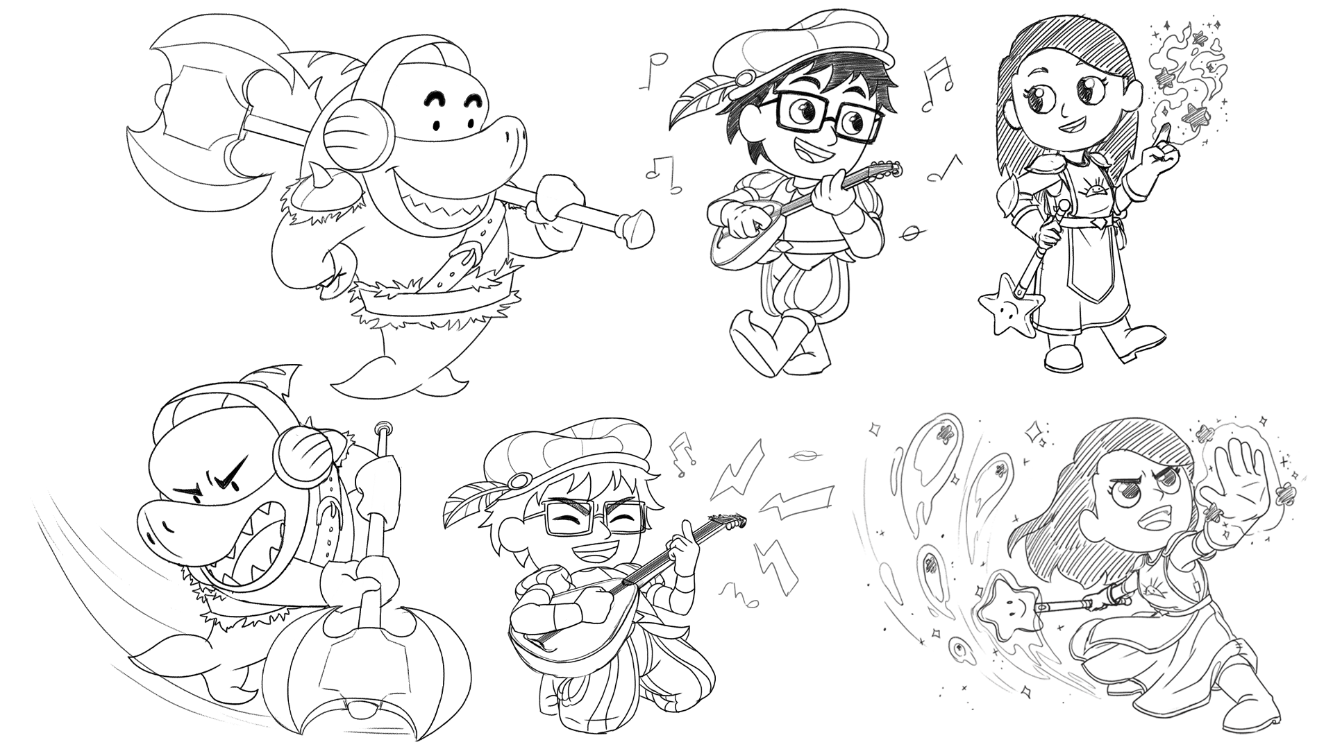 Scrapped Medieval/D&D Theme Character Sketches (Barbarian Gil, Bard Shion, Cleric Loan); Digital 2023