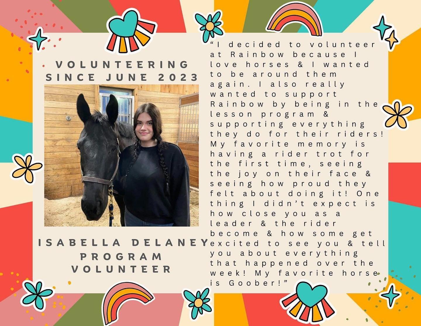Volunteer feature #11 in honor of #NationalVolunteerWeek2024 &lt;3
Everyone...meet another one of our wonderful leaders in program lessons, Isabella ! She is an incredible volunteer, who is gentle and kind and always there to lend a hand! She has bec