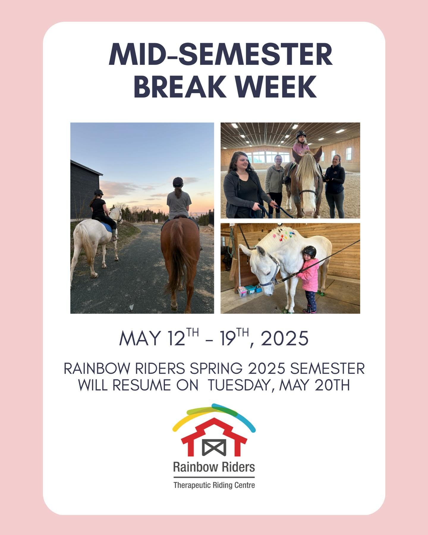 Note to current participants: Mid-Semester break week is coming up! Horse Discovery and Therapeutic Riding are not taking place from Monday, May 12th to Monday, May 19th. Our Spring 2025 semester will resume on Tuesday, May 20th. ☀️🐴