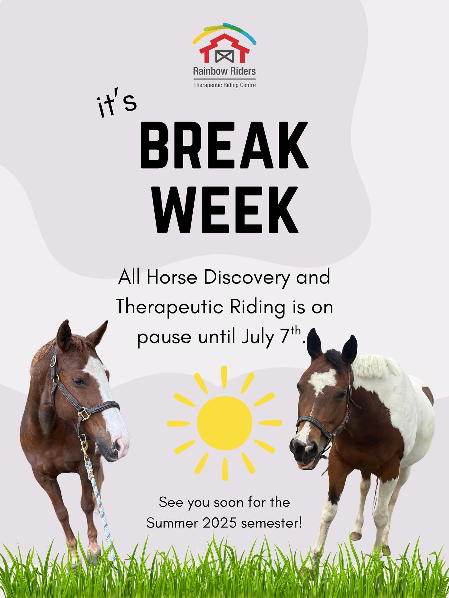 Hello summer participants! Please note that we have no program for the next two weeks as we give our horses a break to prepare for the fun summer ahead! See you soon! ☀️