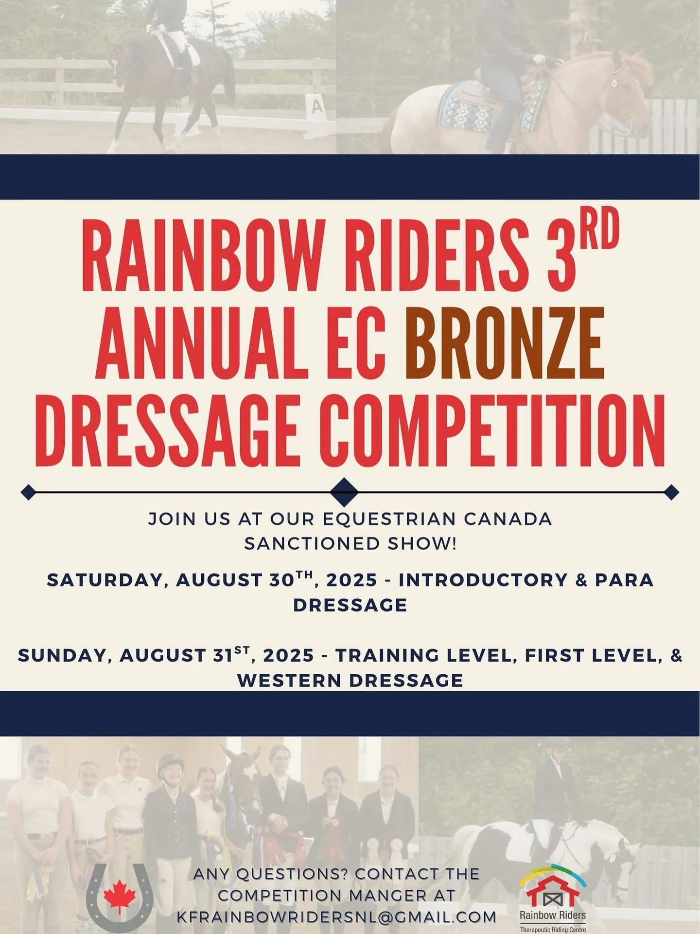 Rainbow Riders is thrilled to share the entry form for our third annual Equestrian Canada Bronze sanctioned dressage competition from August 30th to August 31st, 2025. 

Enter by completing this form https://www.competeeasy.com/Equest/Event.aspx?e=DC