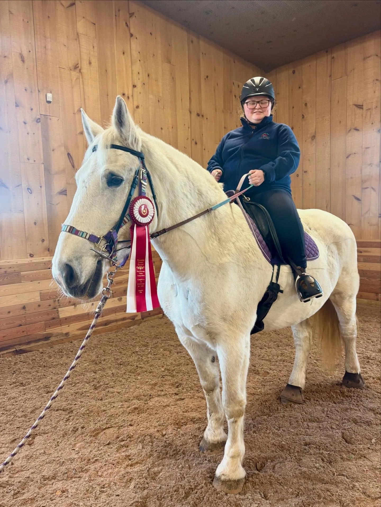 Team Julia &amp; Pearl with their first @equestrian_can Para Dressage Video Competition Series ribbon! 🥇

Julia has been working so hard to return to competition on her new mount, Pearl. Her hard work has certainly paid off as these two have become 