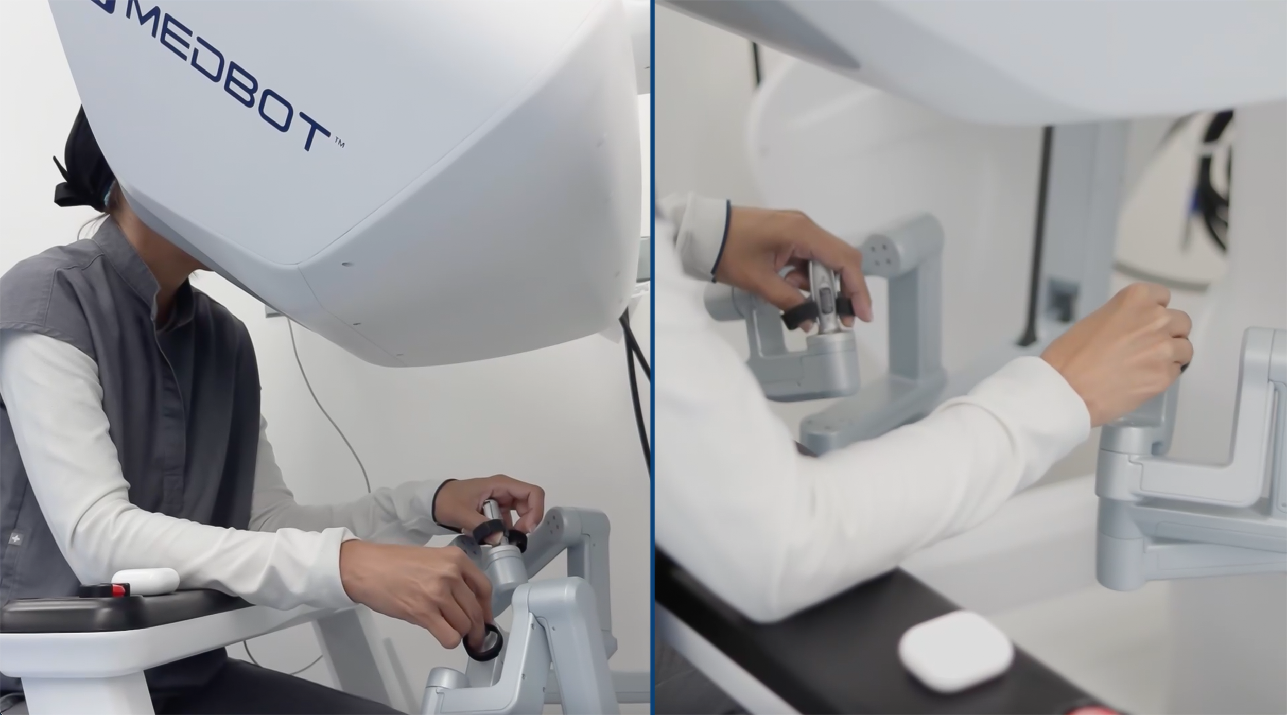Persona con bata blanca usando un microscopio en un laboratorio. La otra persona manipula un equipo de laboratorio, posiblemente un microscopio, en un entorno clínico o de investigación científica.