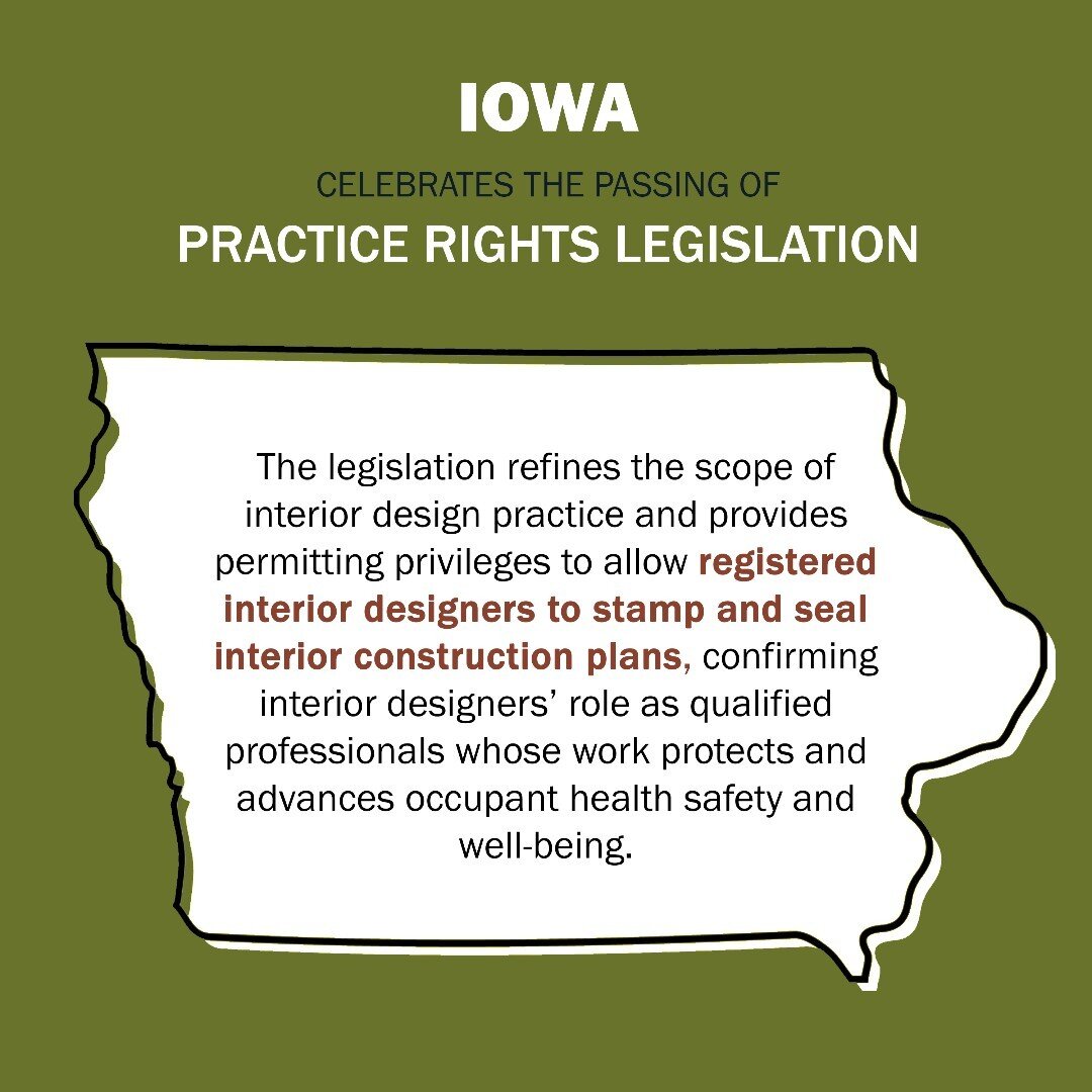 More Interior Design legislation success across the country! 👏

On April 27, 2023, Iowa voted unanimously to pass Senate File 135 (SF 135); a practice rights bill confirming the key role interior design plays in the built environment and reinforcing