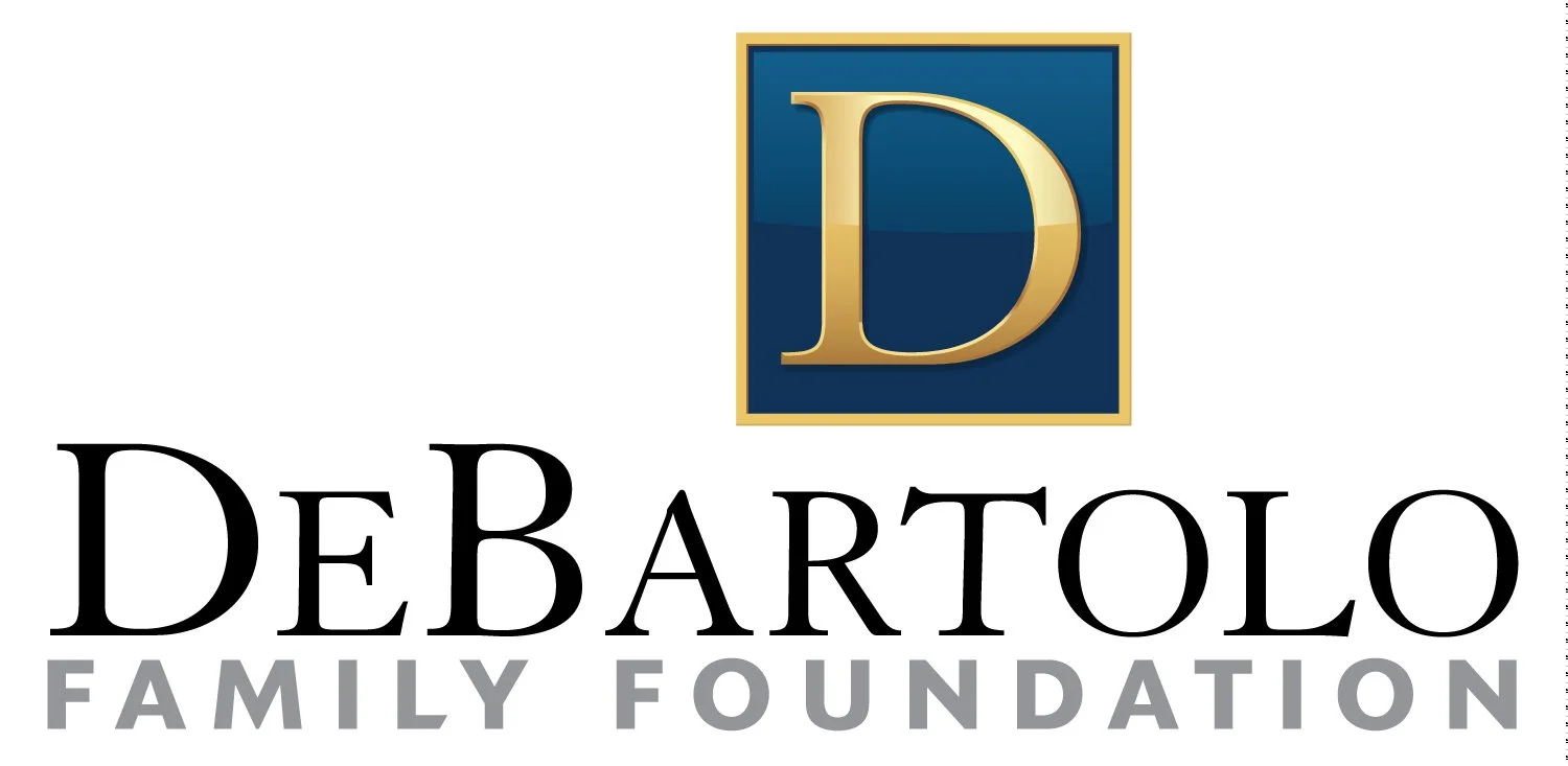 Logo for DeBartolo Family Foundation featuring a gold letter D in a blue square with a gold border, and the text "DeBartolo Family Foundation" below in black and gray fonts.