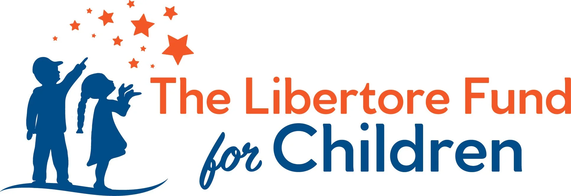 Logo featuring silhouette of a boy pointing and a girl reaching up, with stars above them. Text reads 'The Libertore Fund for Children' in orange and blue.