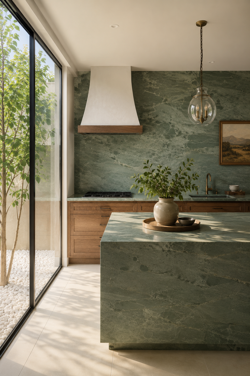 Modern kitchen using Brazilian green quartzite counter with large window and wood cabinets