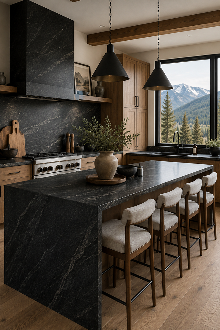 Mountain rustic kitchen with wood cabinets and black mist granite countertops in Whitefish, Montana