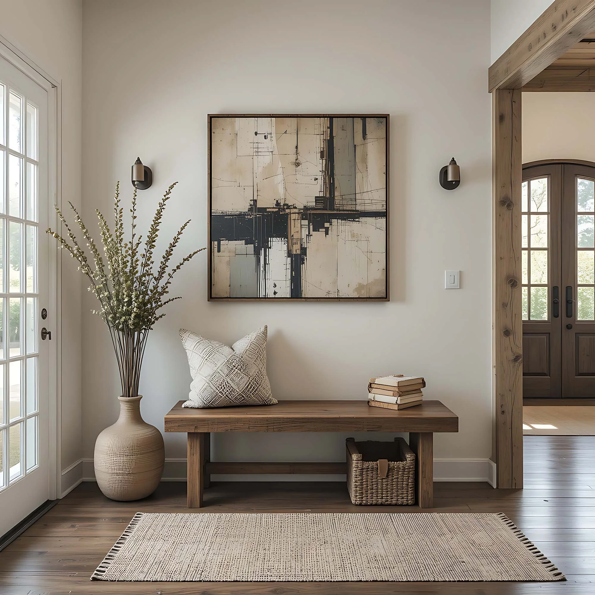 Entry way with bench, pillow and abstract artwork in rustic home