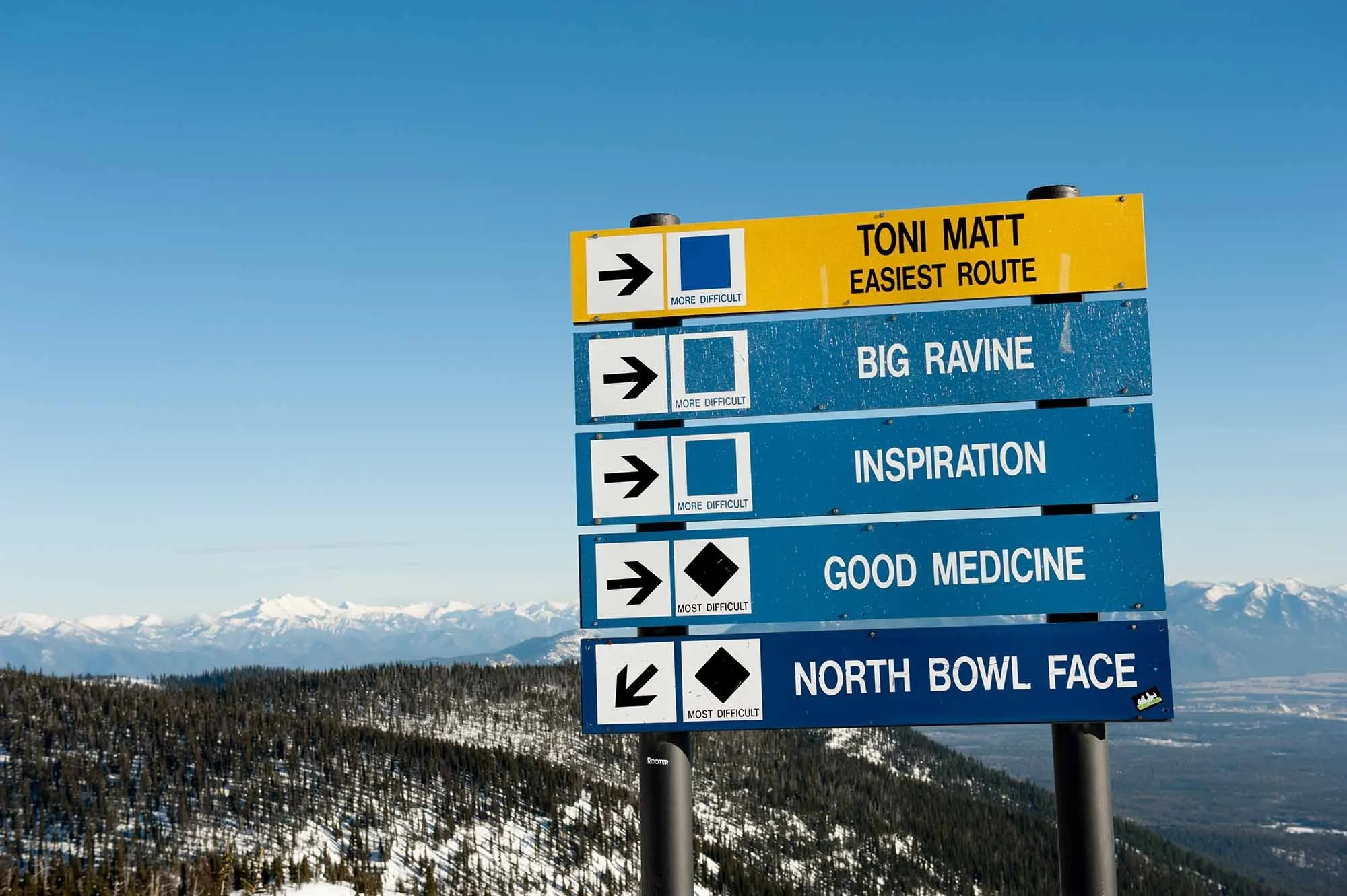 Trail signs for ski runs at Whitefish Mountain Resort