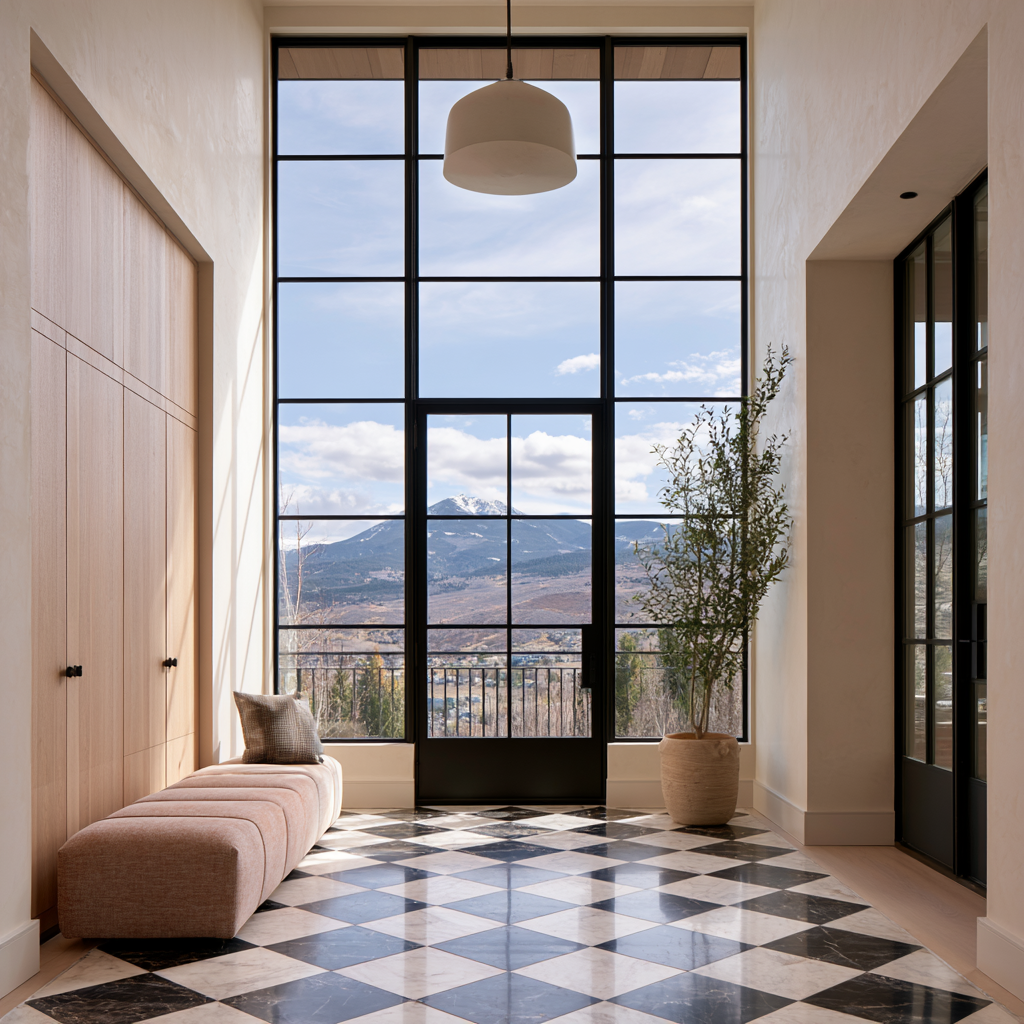 Entry in a mountain modern home with large windows, looking out over a black and white checkerboard tile floor to mountain views beyond in Whitefish, Montana