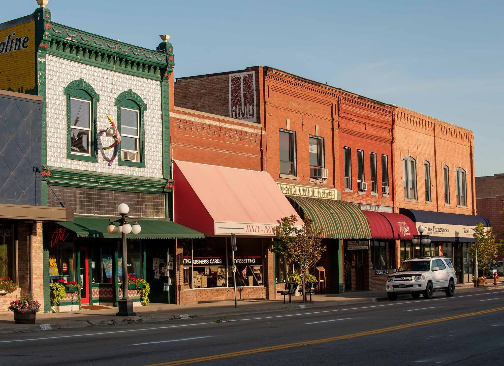 Main St in Kalispell, Montana showing historic buildings