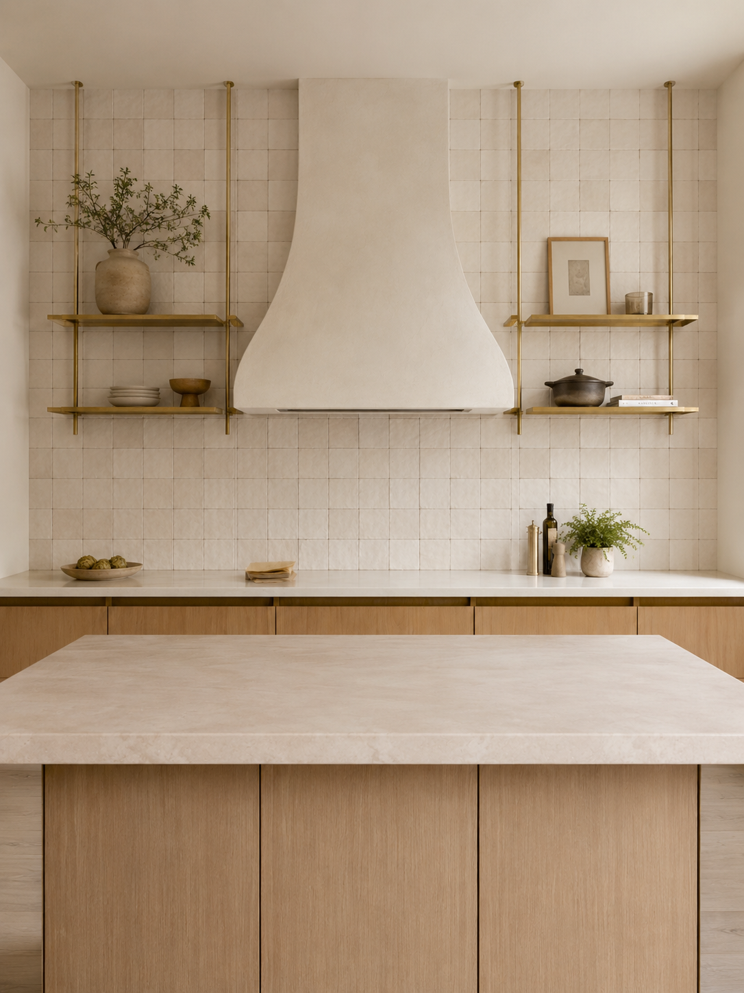 Tiles of Ezra zellige tile backsplash in a warm white oak kitchen