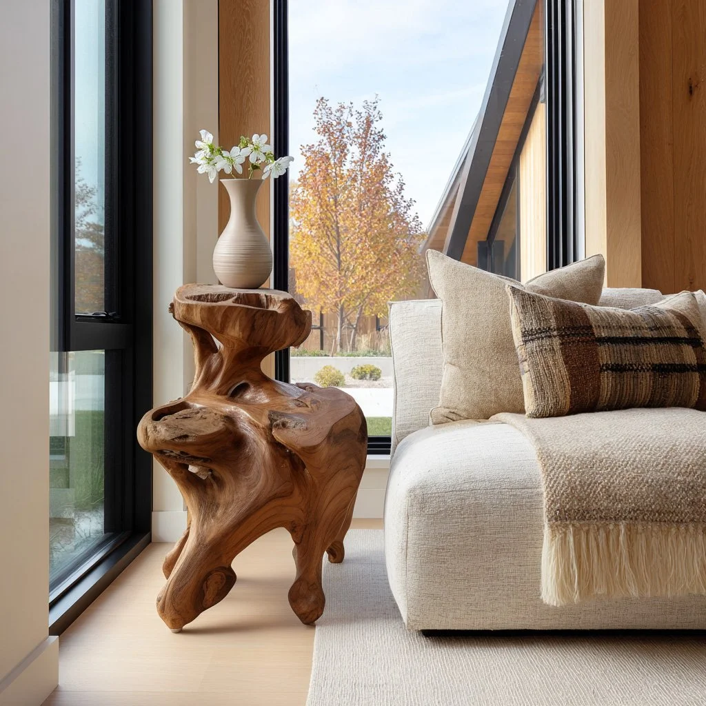 Close up shot of teak root side table next to simple sofa, set in a modern living room