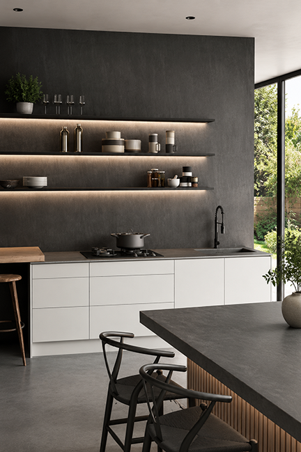Modern kitchen with slate look Dekton countertops and backsplash