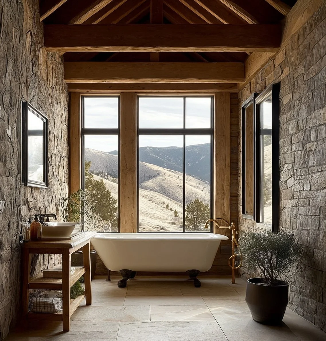 Clawfoot tub in a grand bathroom with limestone floors, stone walls and large windows overlooking a mountain view