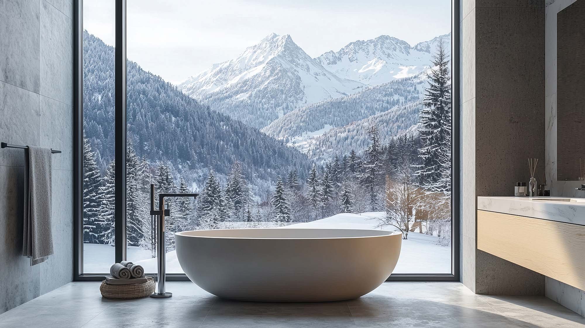 Freestanding bathtub in luxury bathroom in front of dramatic mountain view