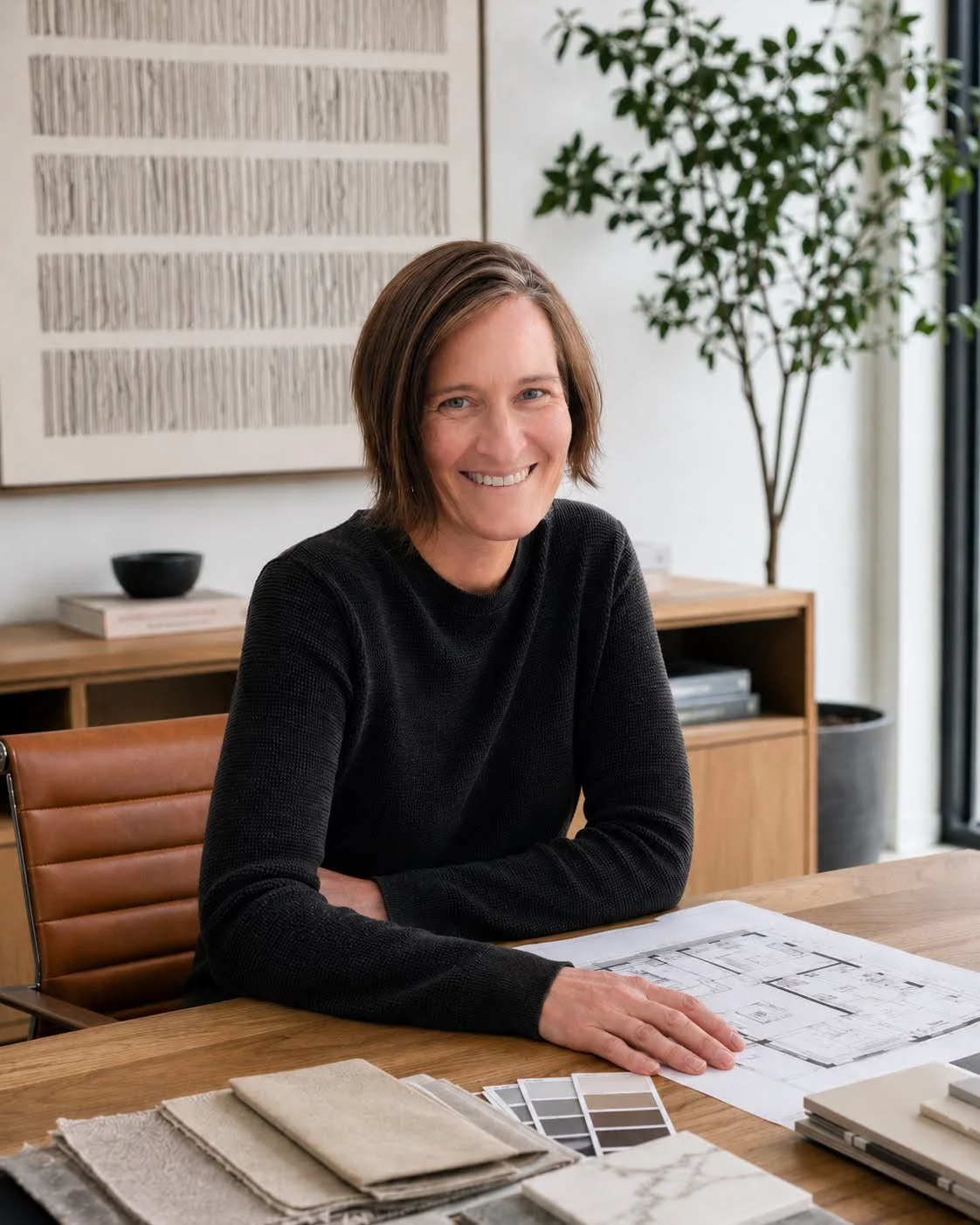 Headshot of female interior designer sitting at a desk in Whitefish, Montana