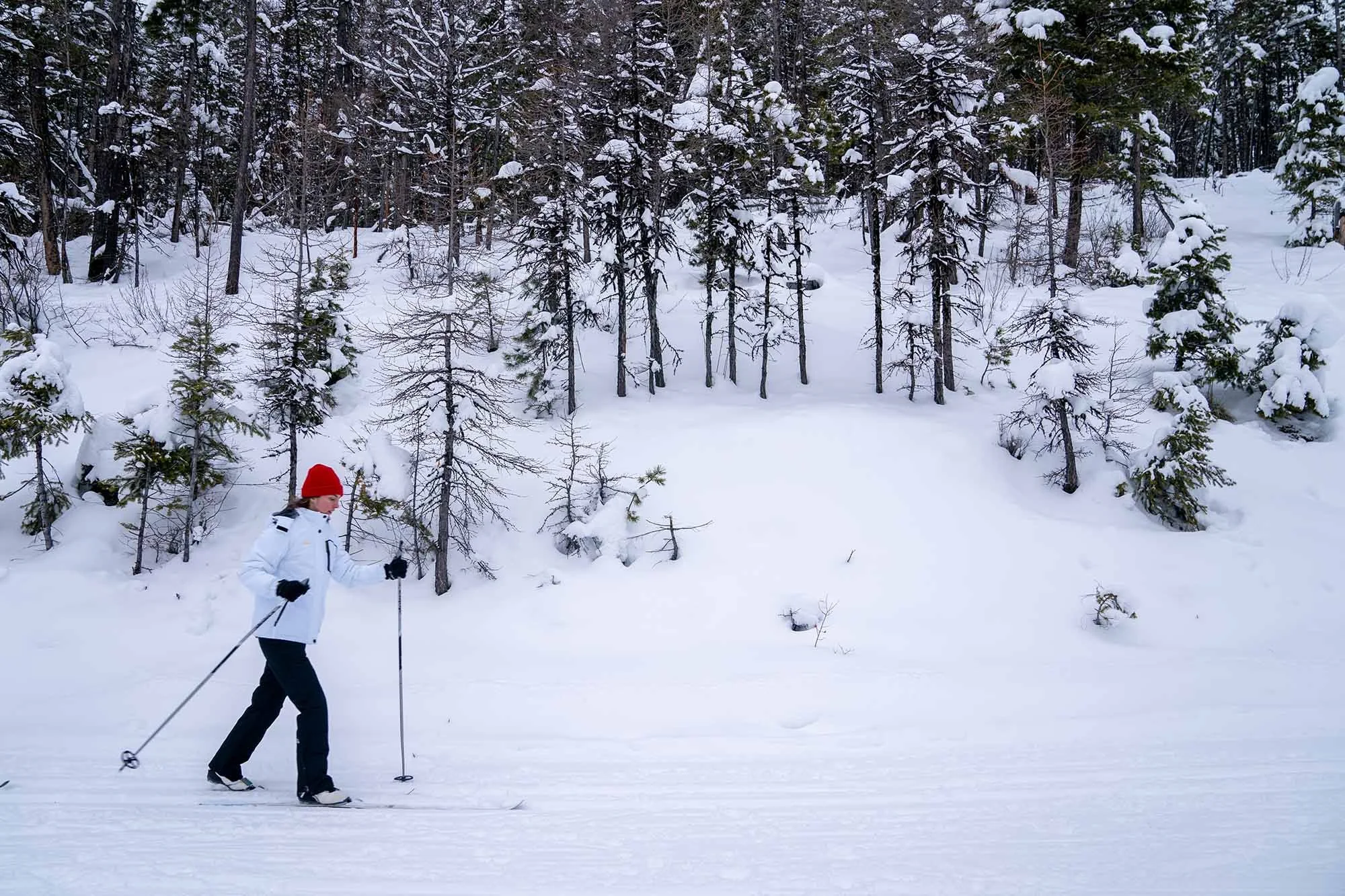 Woman cross country skiing at Blacktail Mountain in Lakeside, Montana