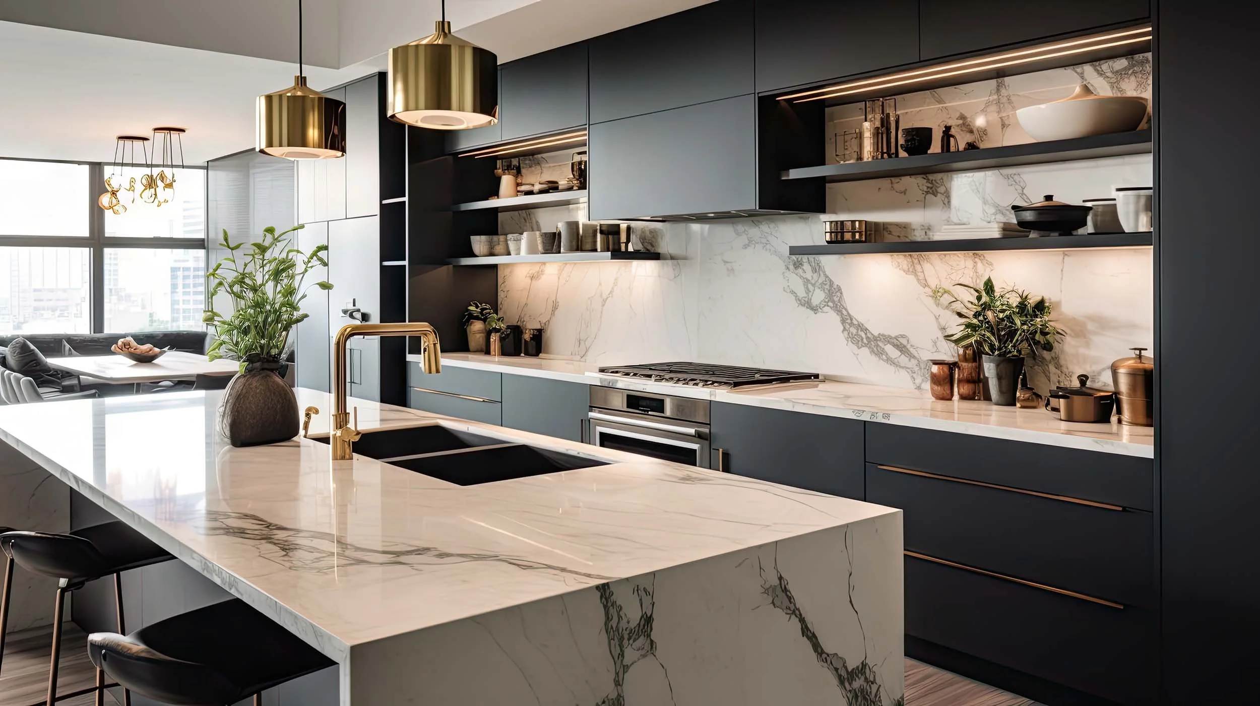 Modern kitchen with black cabinets, veined marble countertop and gold fixtures
