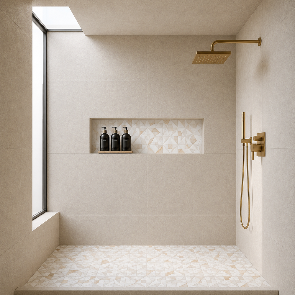 Minimalist shower with large format tile and marble pattern mosaics