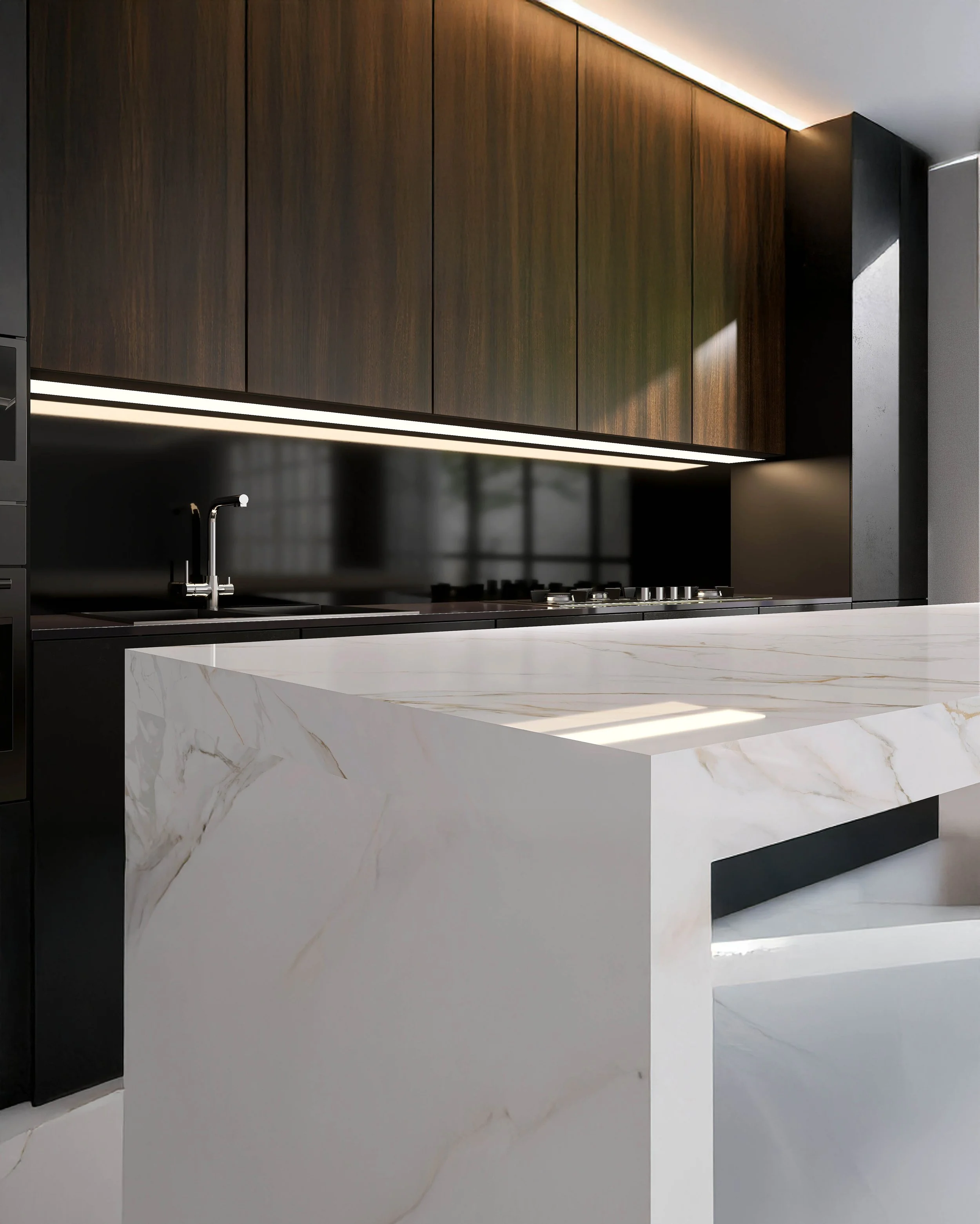 Modern kitchen counter with black cabinets and white porcelain with veining