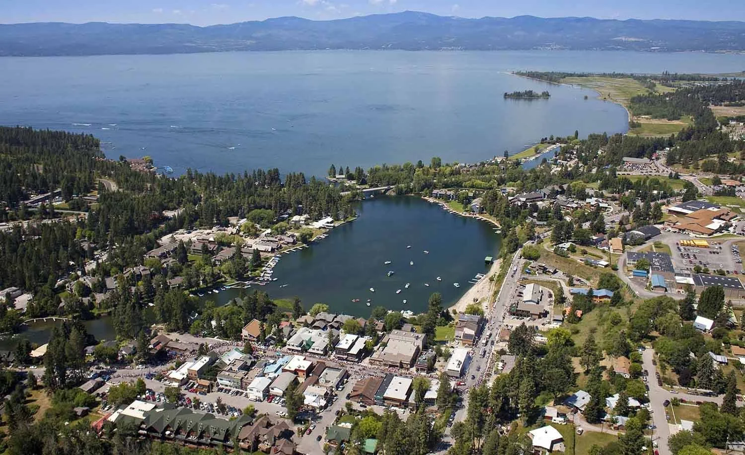 Aerial view of Bigfork, Montana looking across the harbor into Flathead Lake
