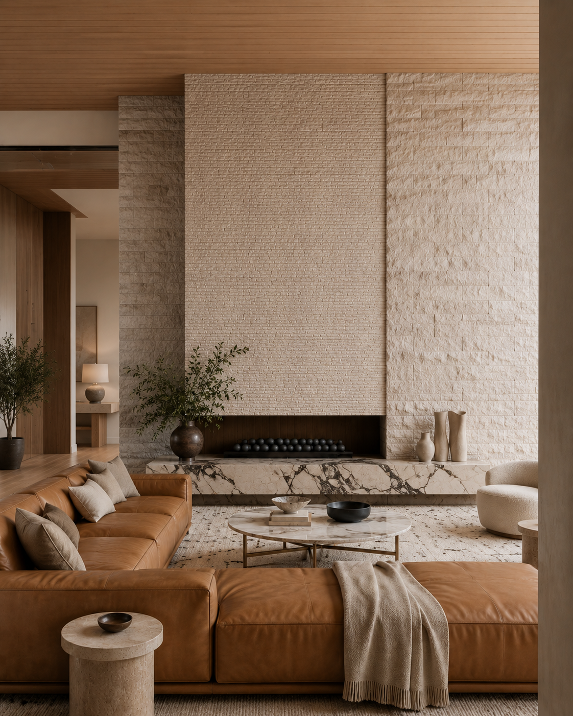Modern fireplace with chiseled limestone tile and warm gray stone. A caramel leather sofa sits in front of it.