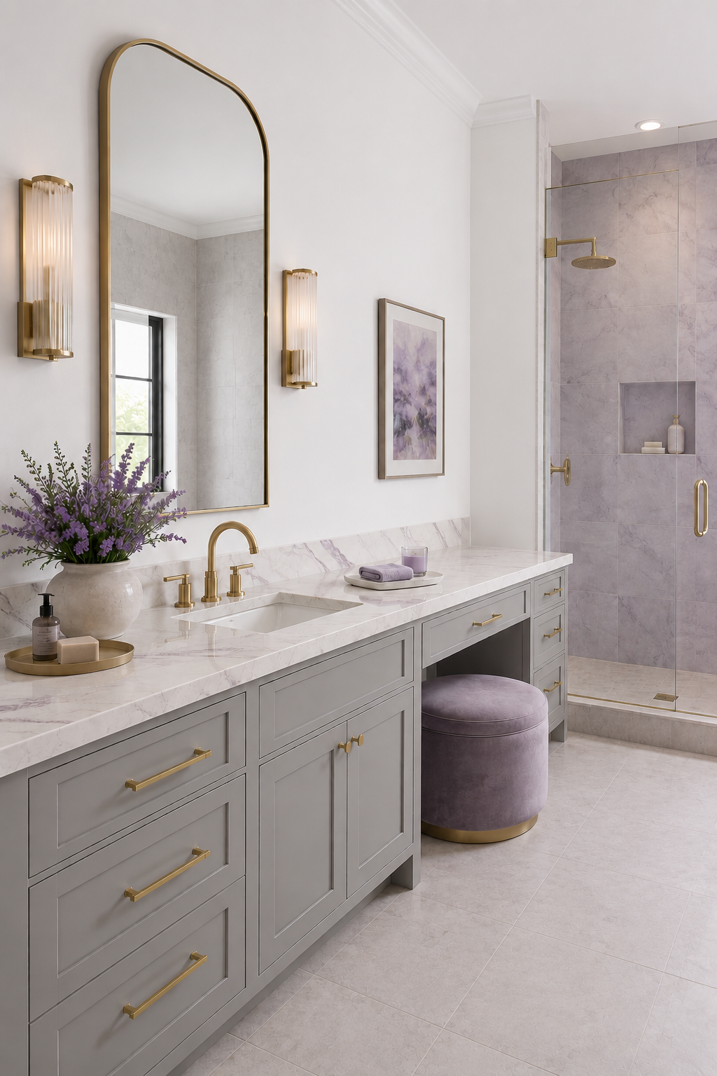 Lavender bathroom with gray vanity, purple quartz countertops and pink shower tile