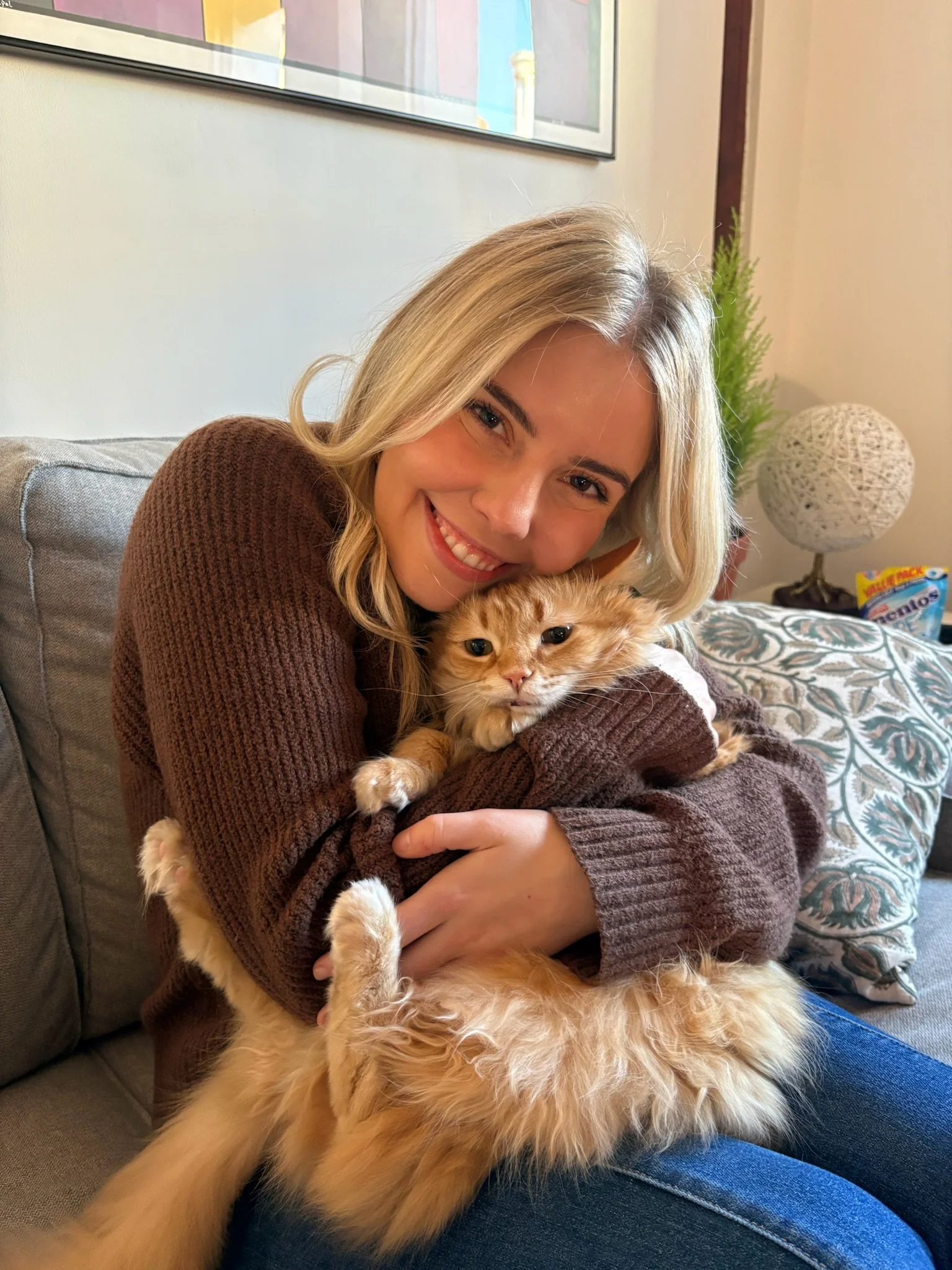 A woman with blonde hair smiling and hugging an orange tabby cat with long fur while sitting on a couch. In the background, there's a lamp, a plant, and a bag of cat treats.