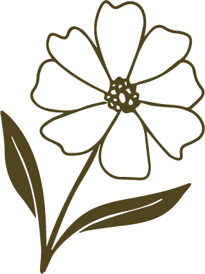 A simple line drawing of a flower with five petals, a round center, a stem, and two leaves on a black background.
