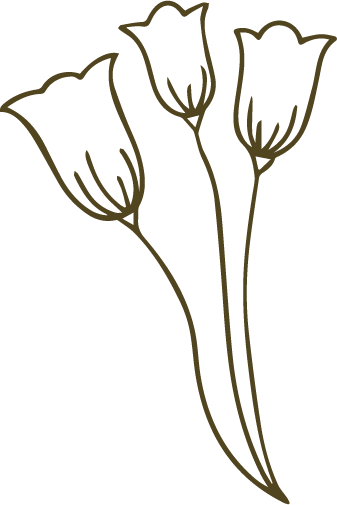 Outline drawing of three calla lily flowers in black and gold.
