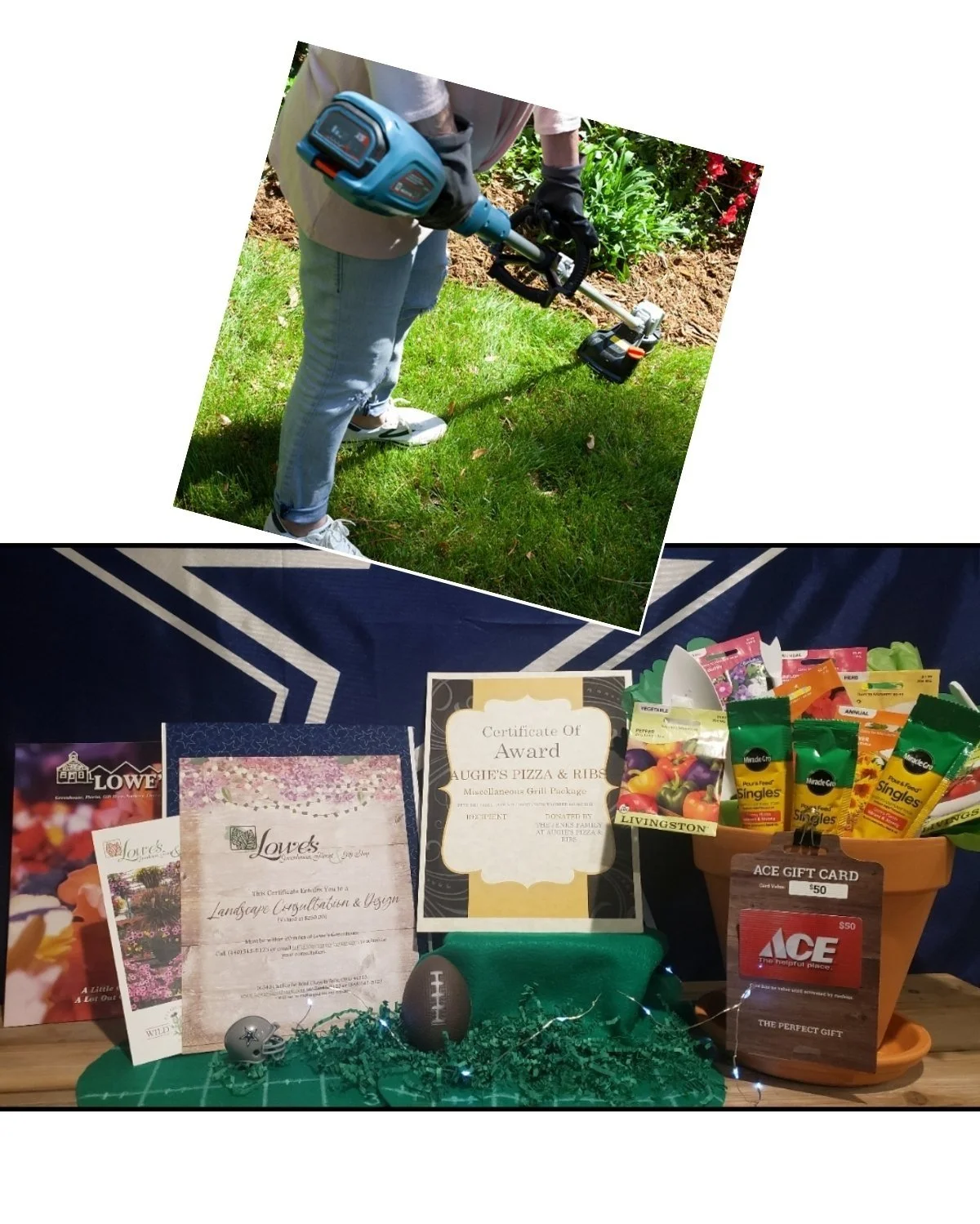 Prize Package 17 - 

Donated by:
B'laster Corporation,
Augie's Pizza & Ribs,
Bainbridge Ace Hardware,
Lowe's Greenhouse & Gift Shop,
Brian Reardon - 5-0 Buffalo Dip