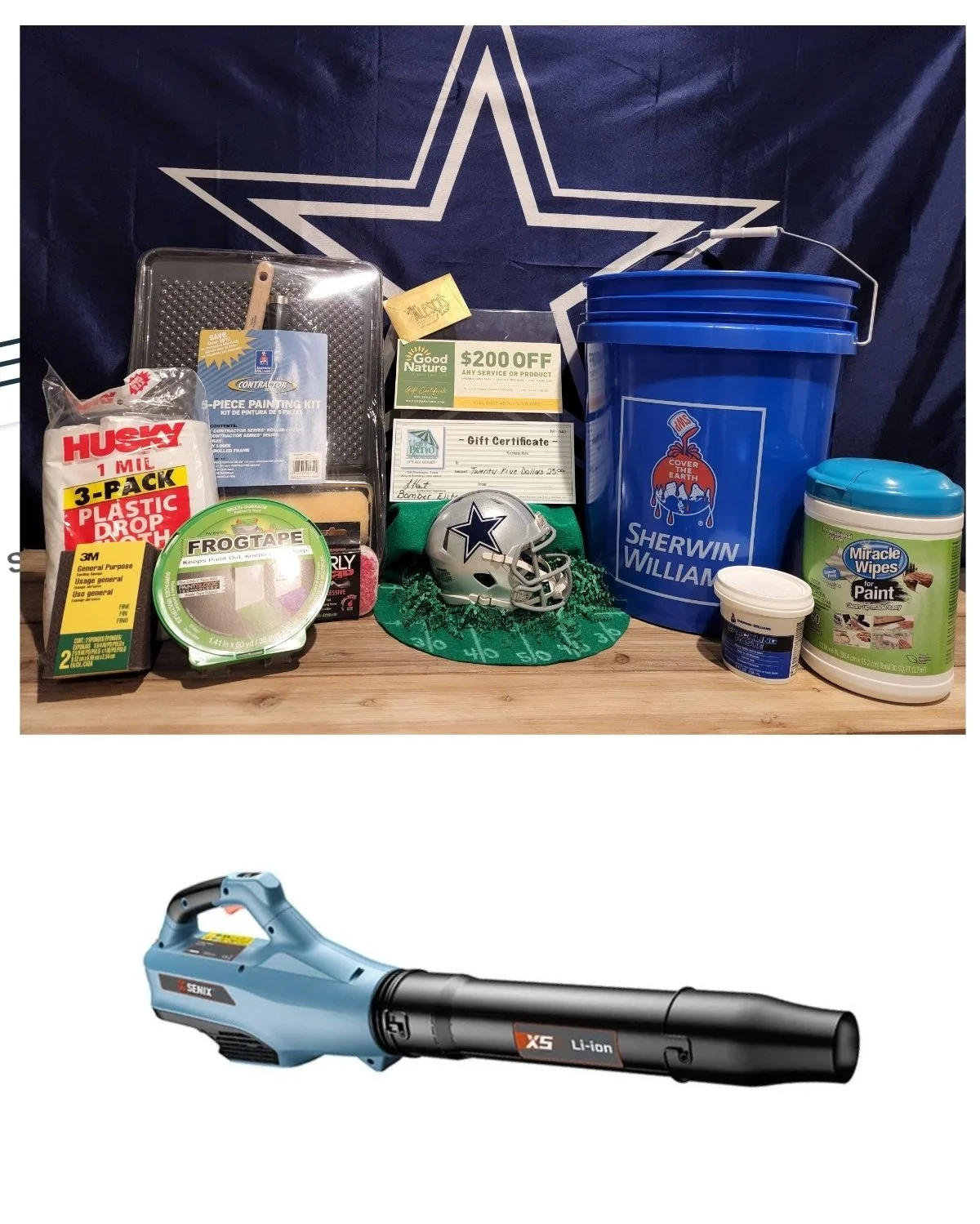Prize Package 24 - 

Donated by:
Alec McClennan - good Nature Lawn Care
B'laster Corporation
Sherwin Williams
Alesci's
Unc's Patio Lounge
